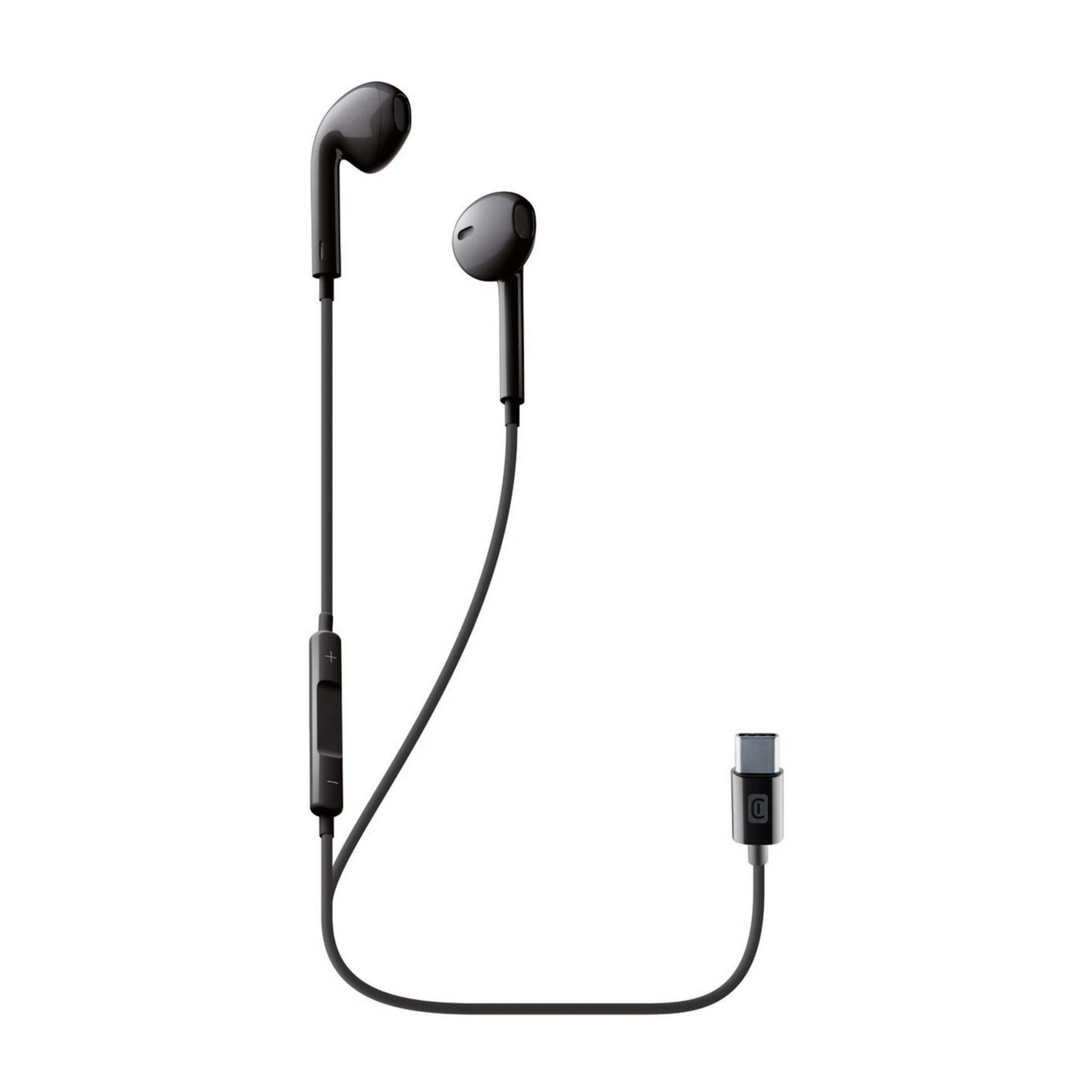 Black earbuds with USB-C connector and in-line remote control.