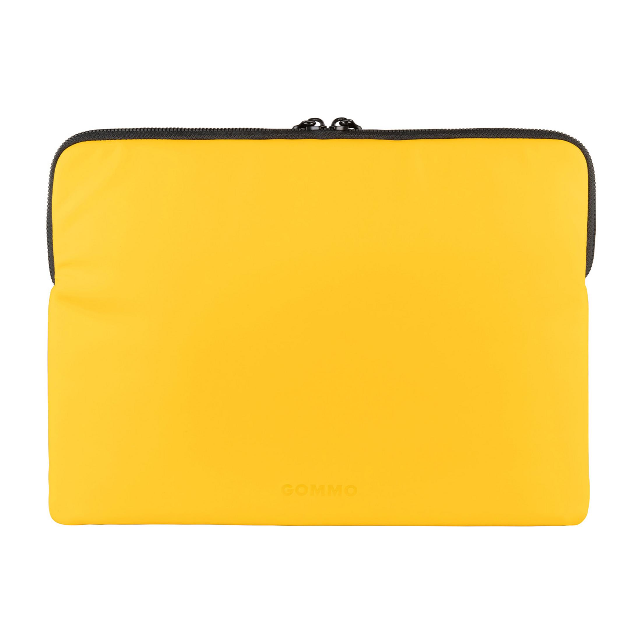 Ein gelber Laptop-Schutz mit schwarzem Reißverschluss.