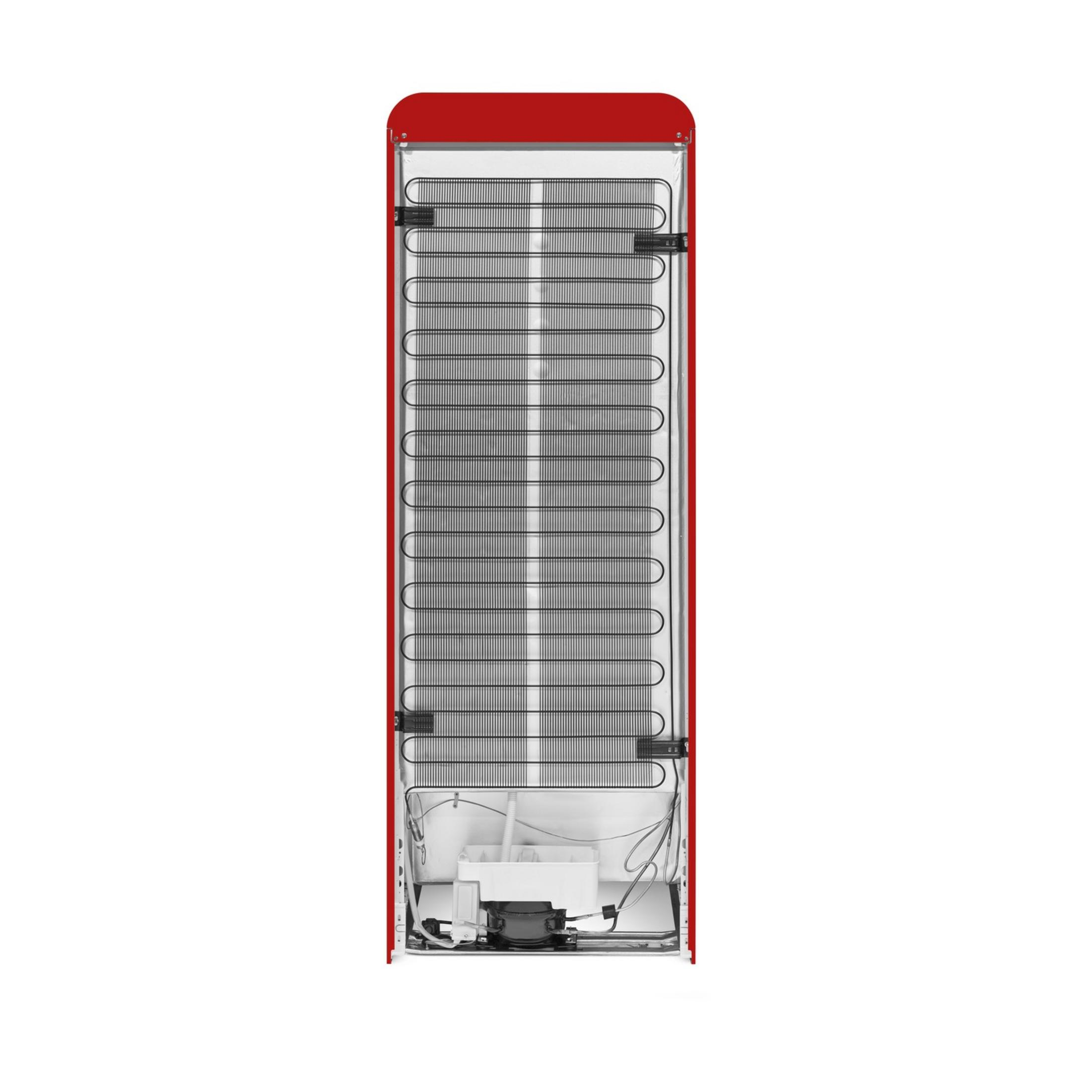 Vista trasera de un refrigerador rojo mostrando el condensador y el compresor.