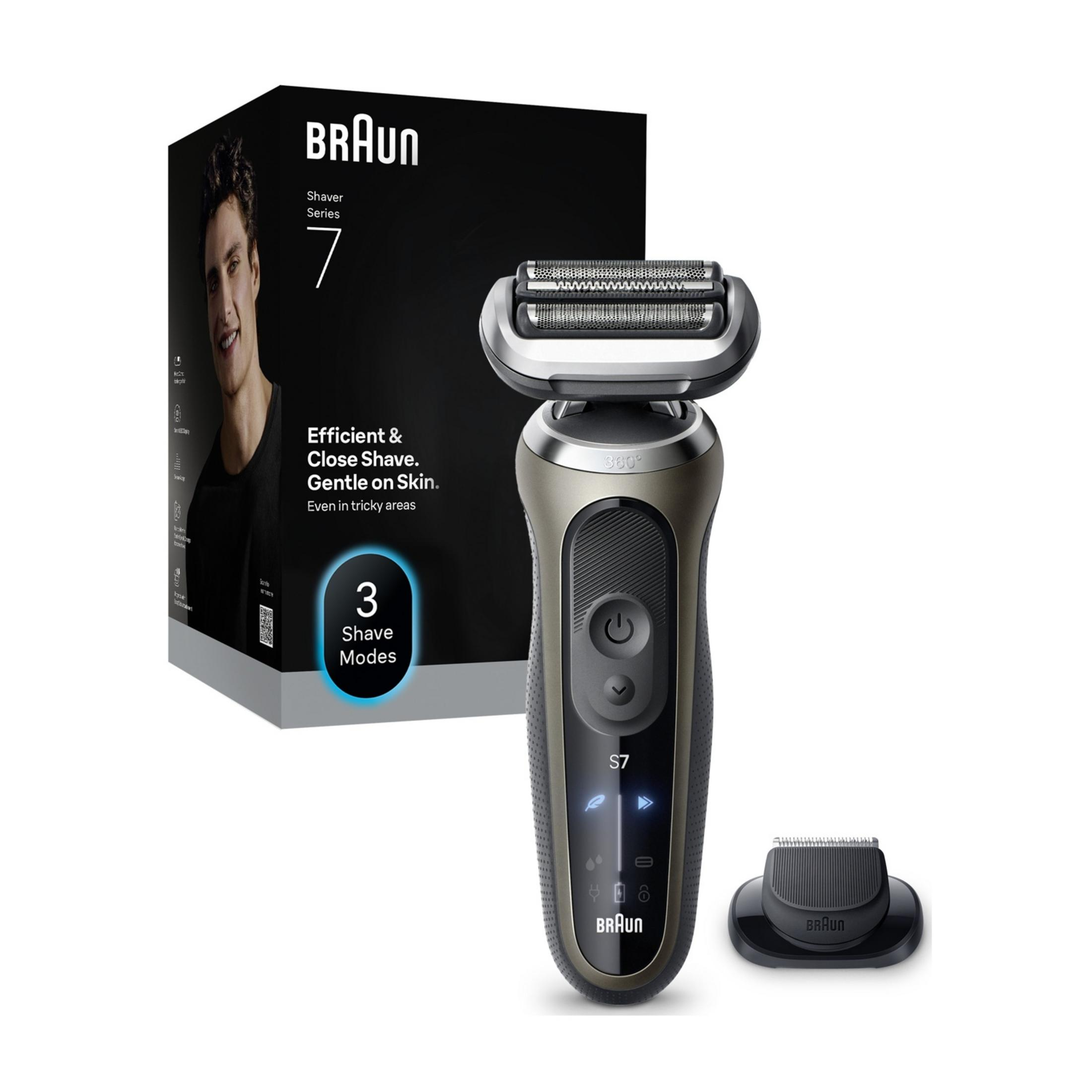 Rasoir électrique Braun Série 7 avec accessoire sur fond blanc.