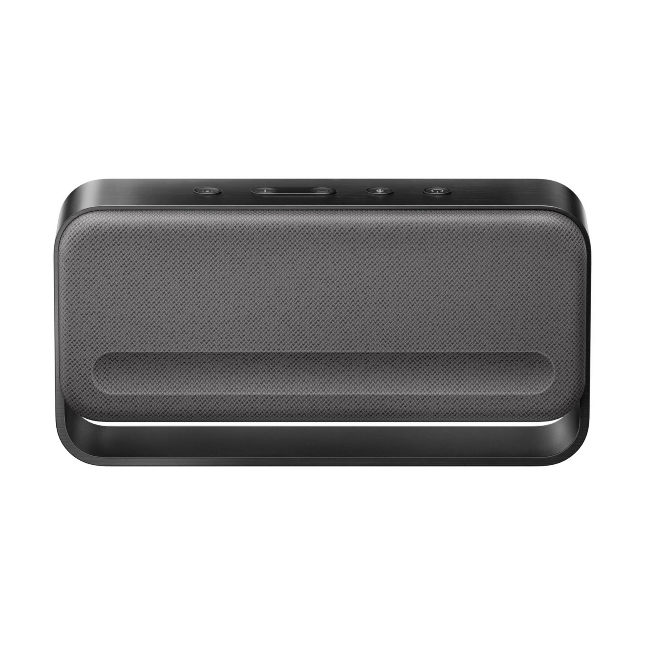 Altavoz rectangular gris con marco metálico y botones arriba.
