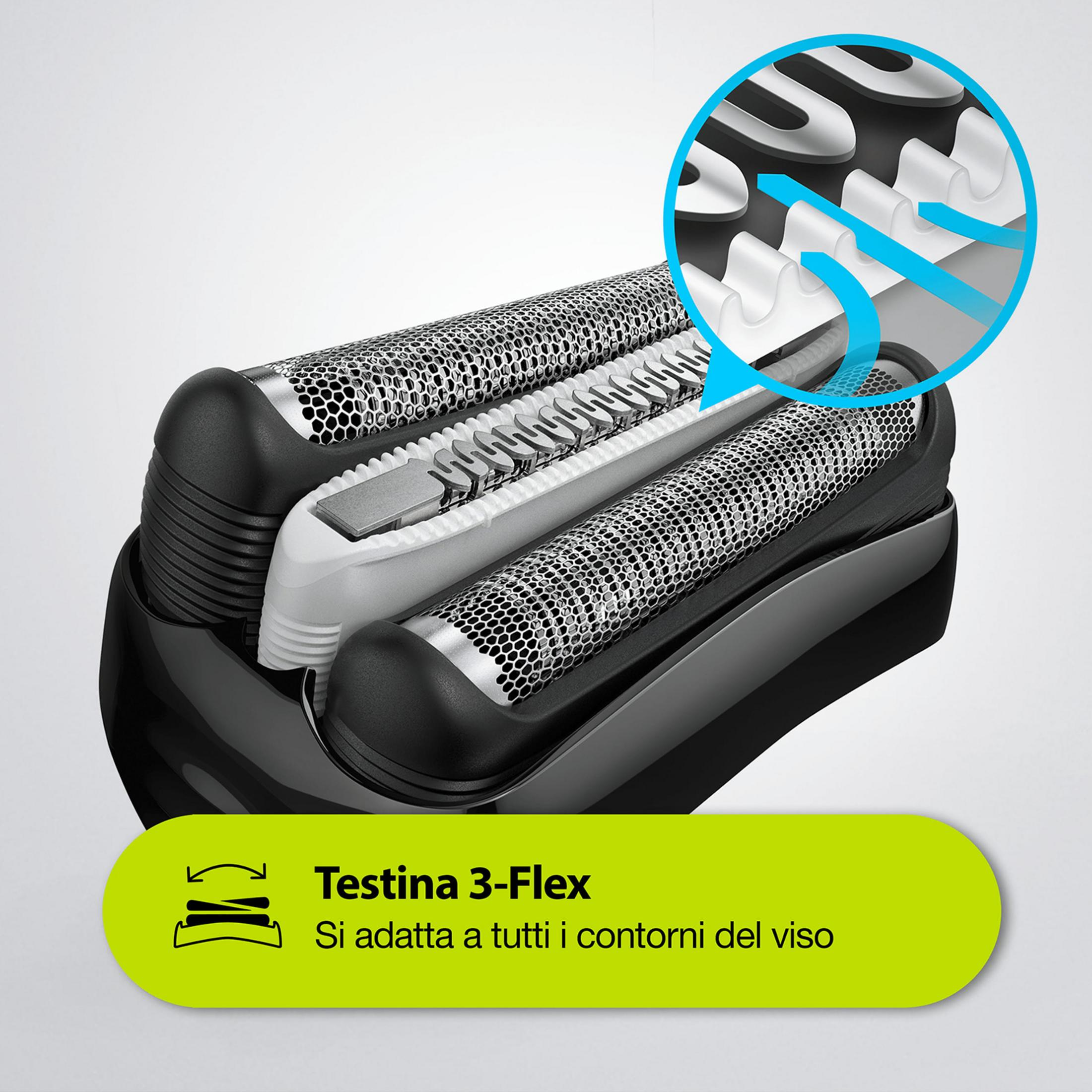 Cabezal de afeitadora eléctrico con cuchillas flexibles y gráfico de flecha azul.