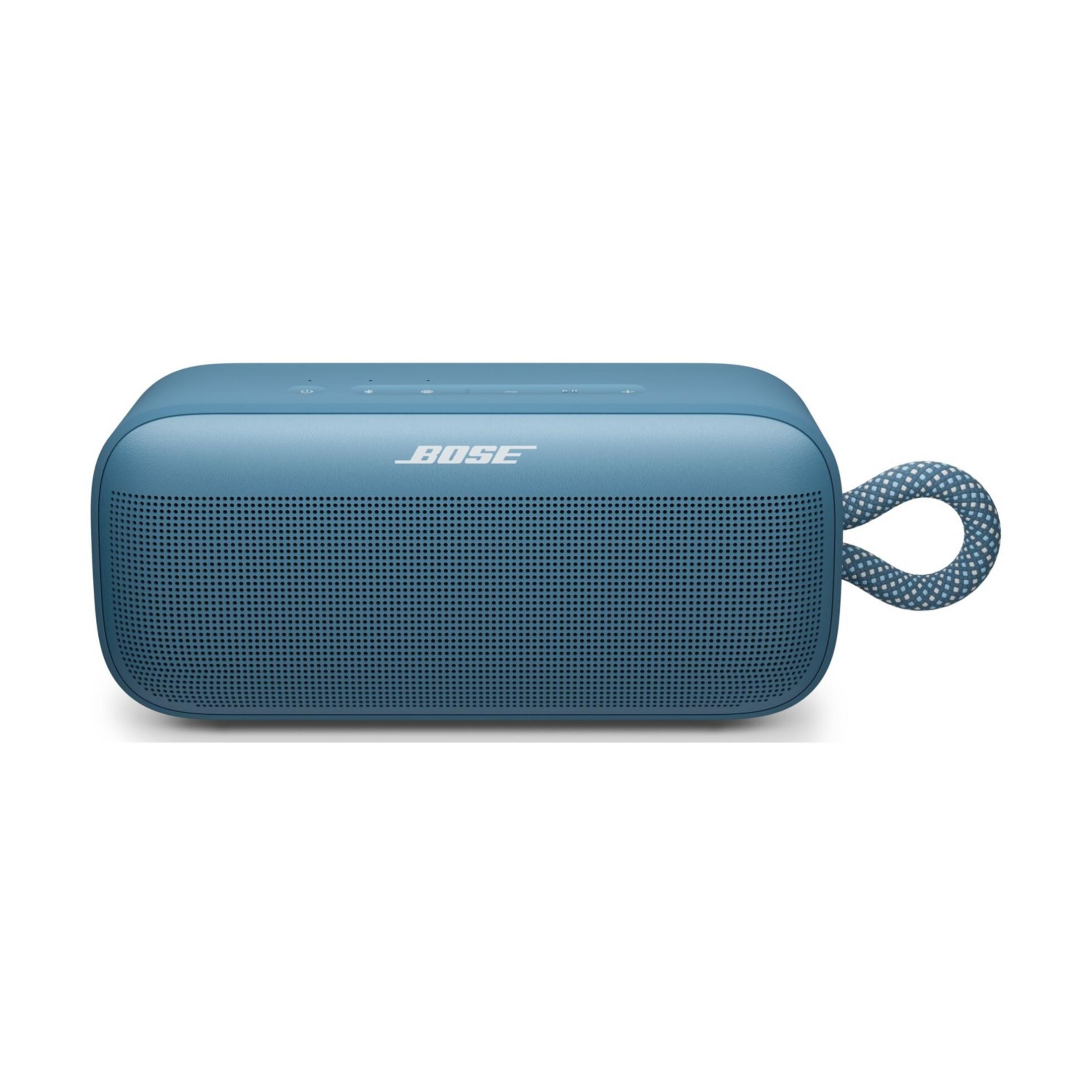 Un altavoz Bluetooth Bose SoundLink Flex azul con correa.