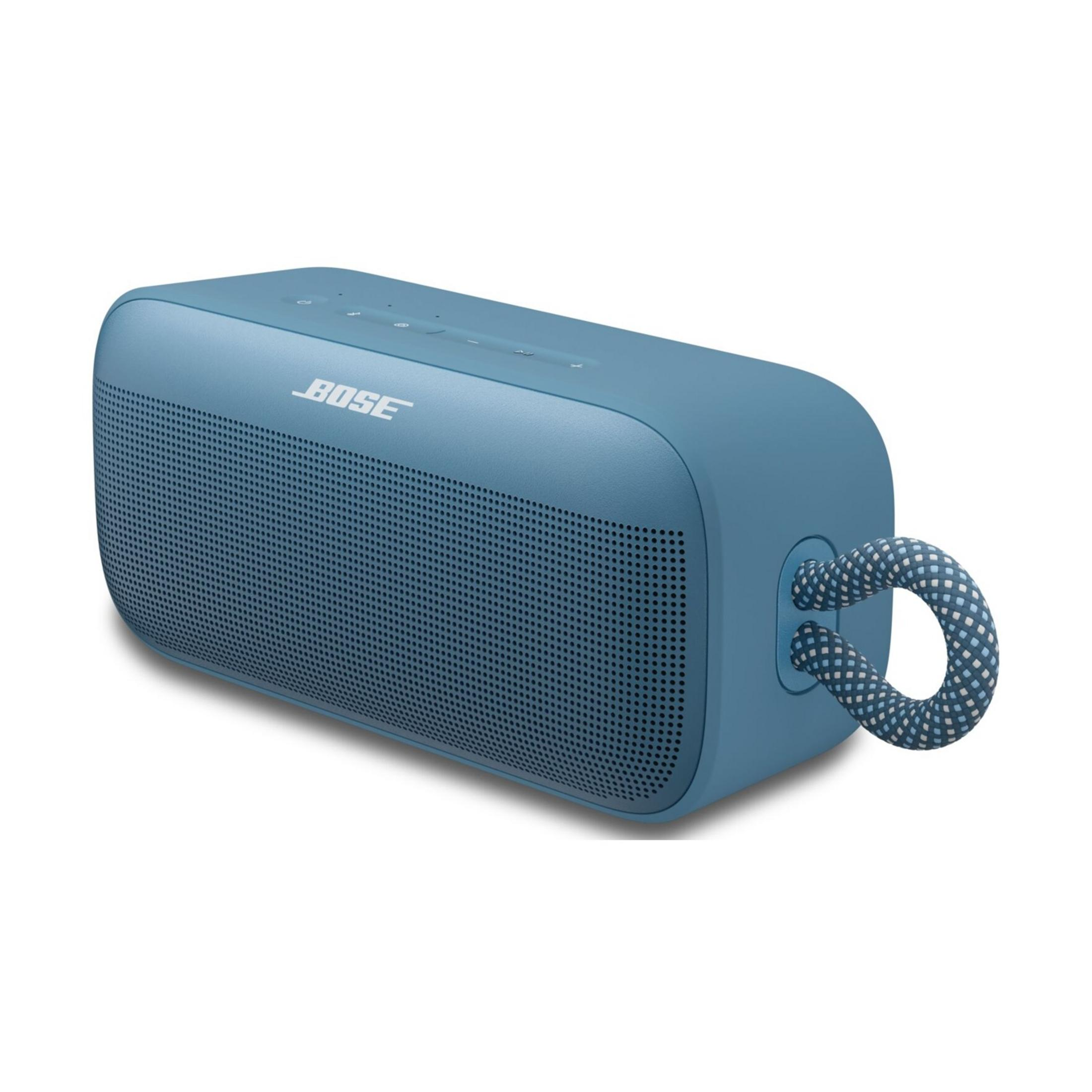 Un altavoz Bose azul con una correa de transporte a cuadros.