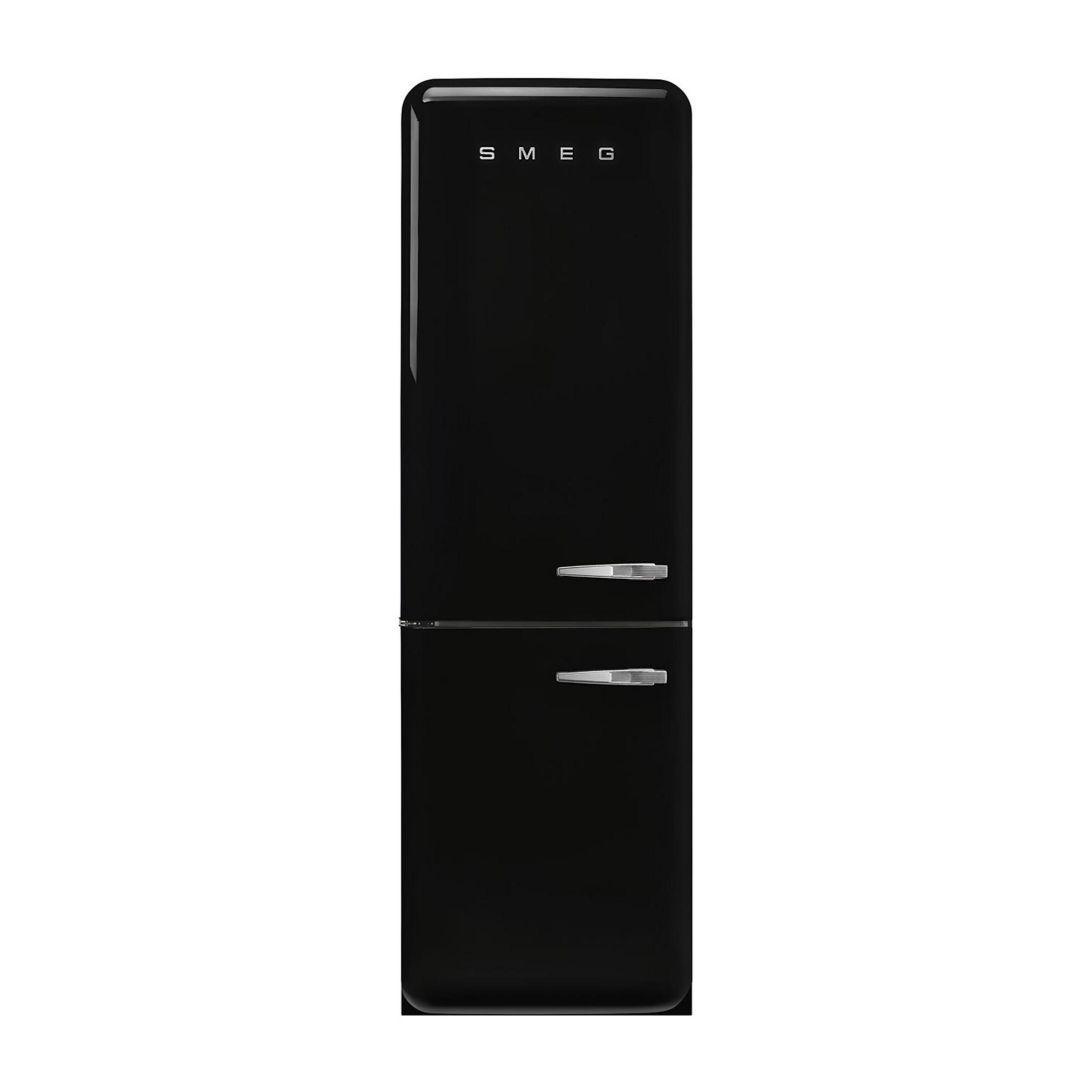 Ein schwarzer SMEG-Kühlschrank mit zwei silbernen Griffen und einem Gefrierfach.