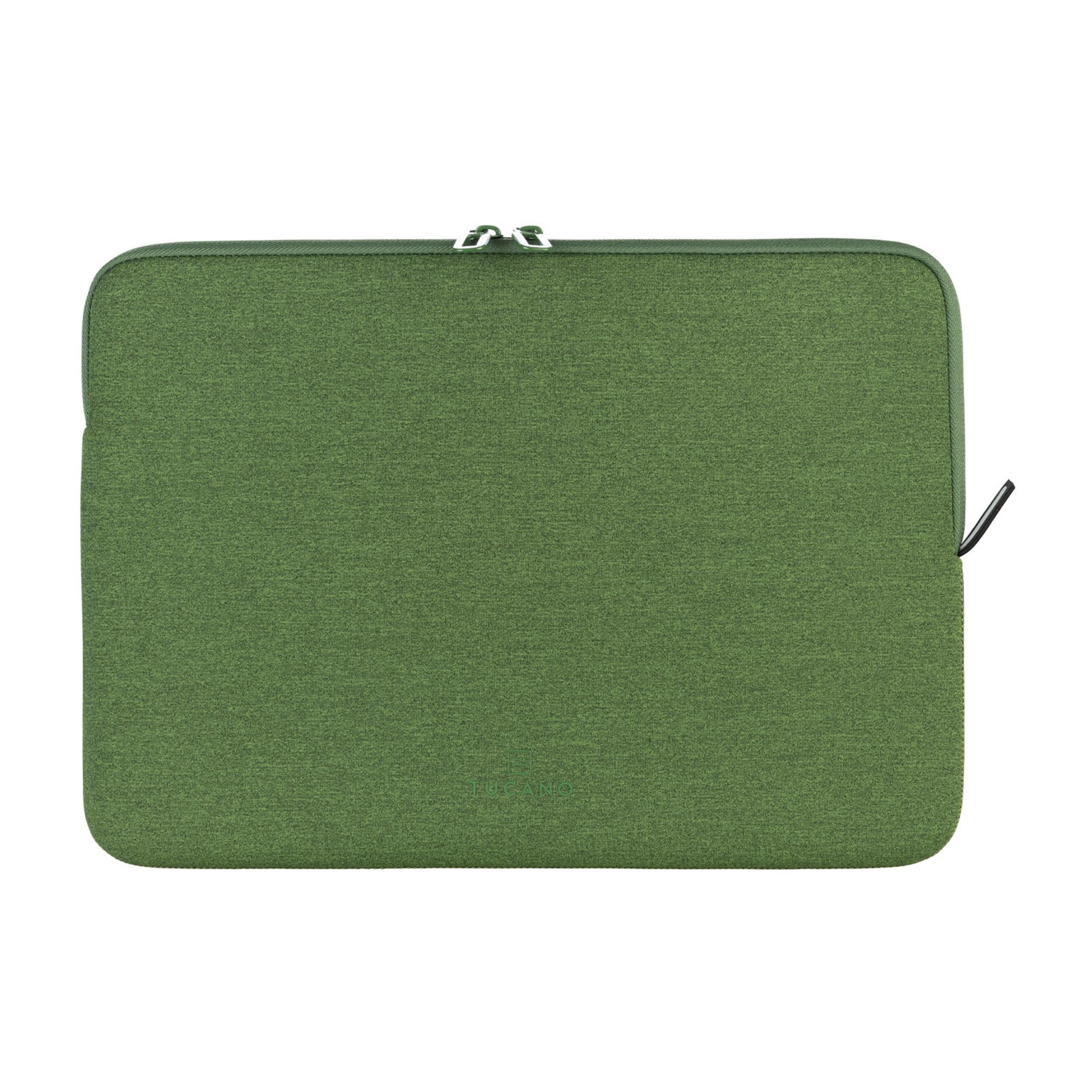 Grüne Laptoptasche mit Reißverschluss und kleinem Logo unten.