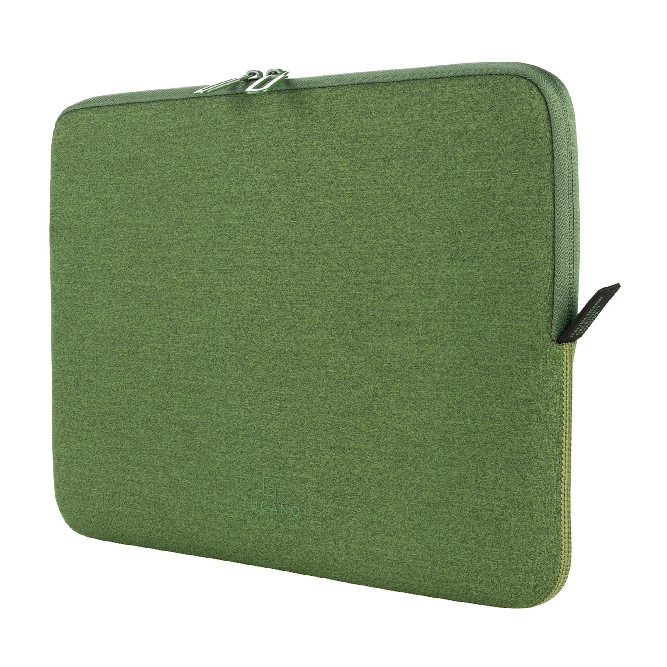Grüne Laptoptasche mit Reißverschluss und Tucano-Logo.