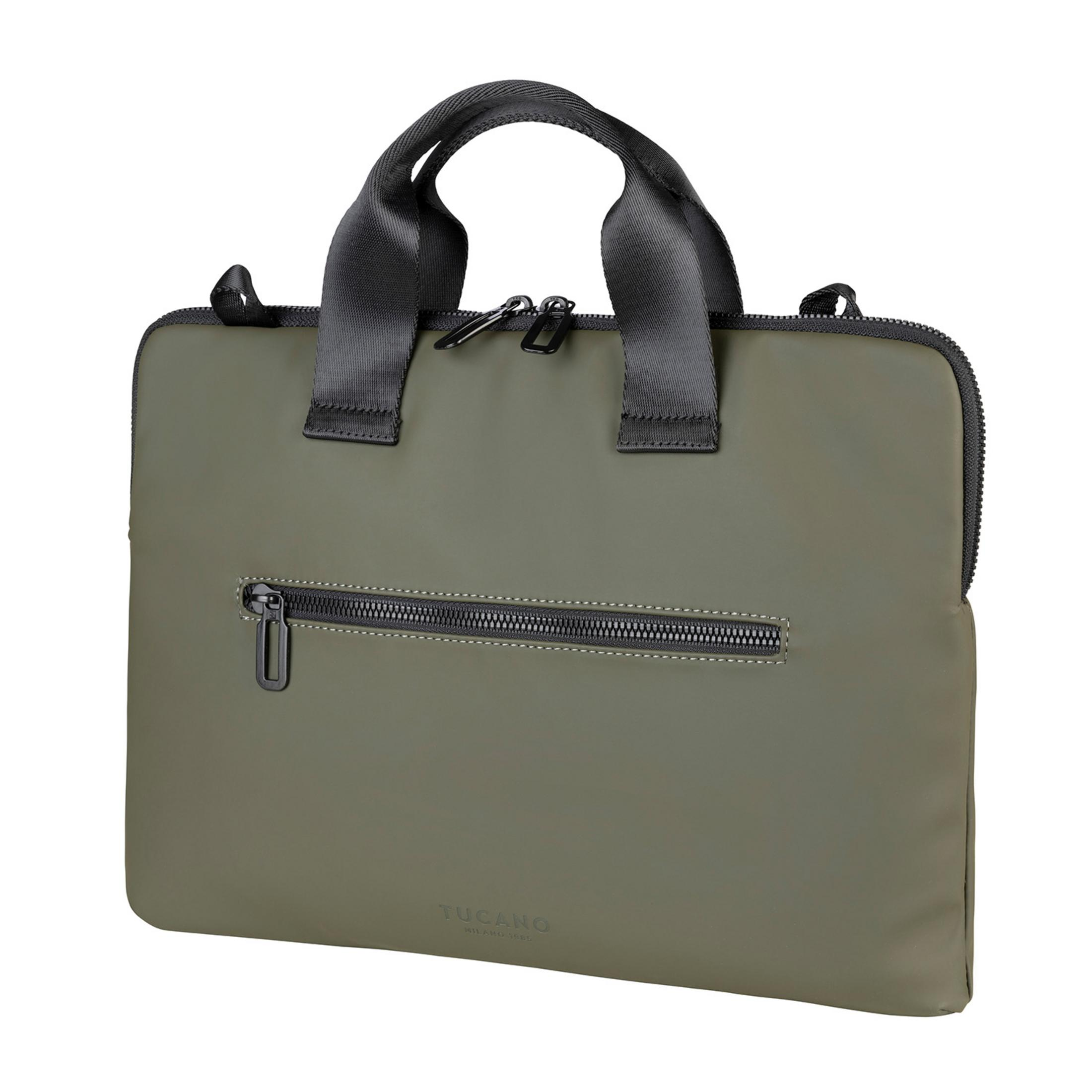 Eine olivgrüne Laptoptasche mit schwarzen Griffen und Reißverschlüssen.