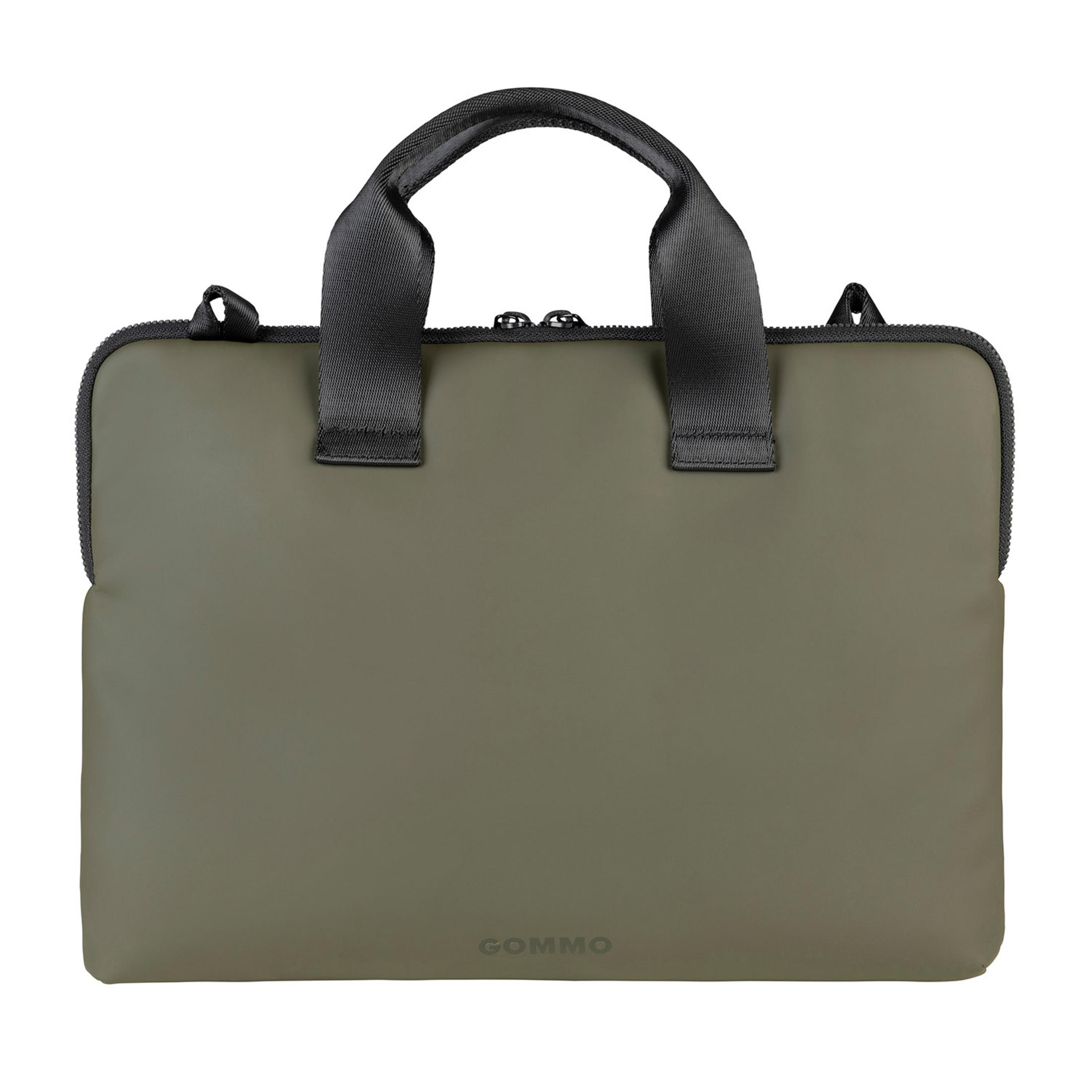 Eine olivgrüne Laptoptasche mit schwarzen Tragegriffen und Reißverschluss.