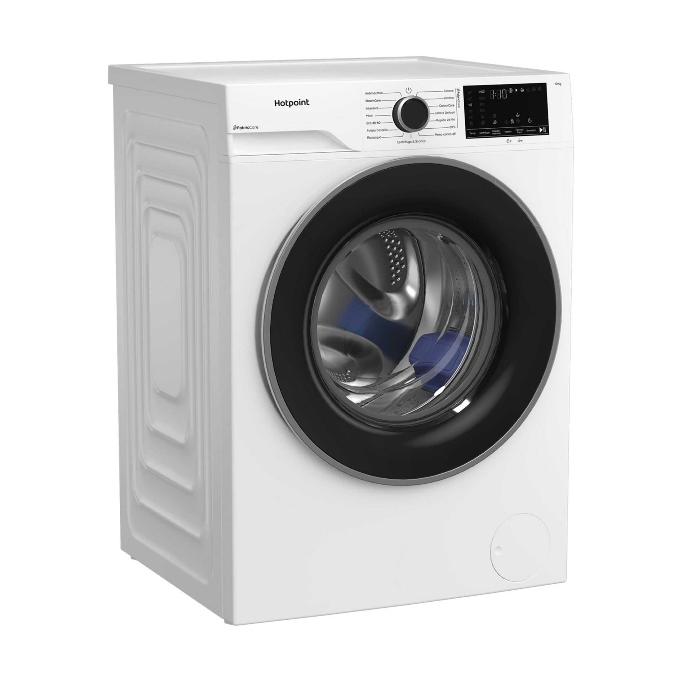 Una lavatrice Hotpoint bianca con oblò e pannello comandi neri.