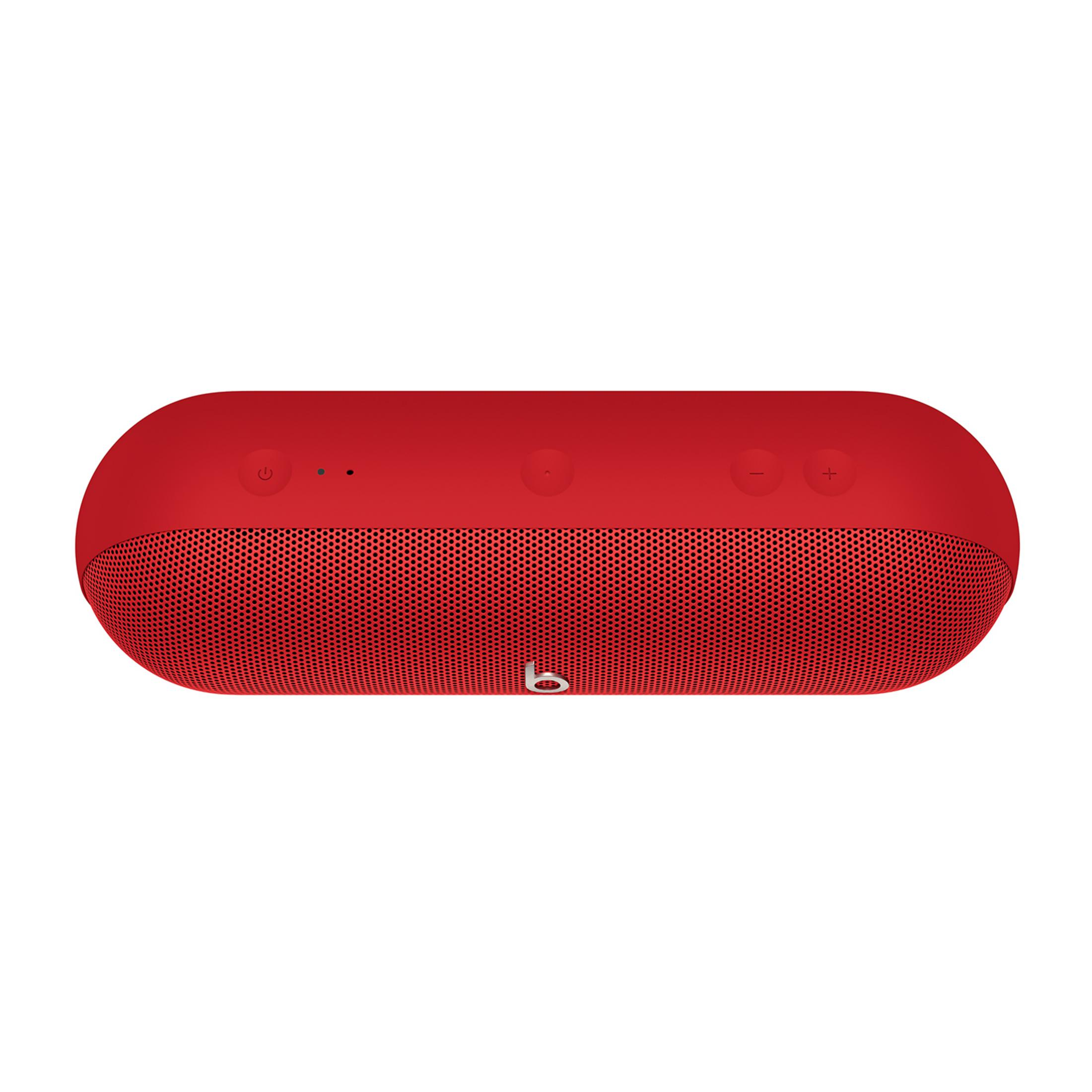 Rode draagbare speaker met volumeknoppen en Beats-logo.