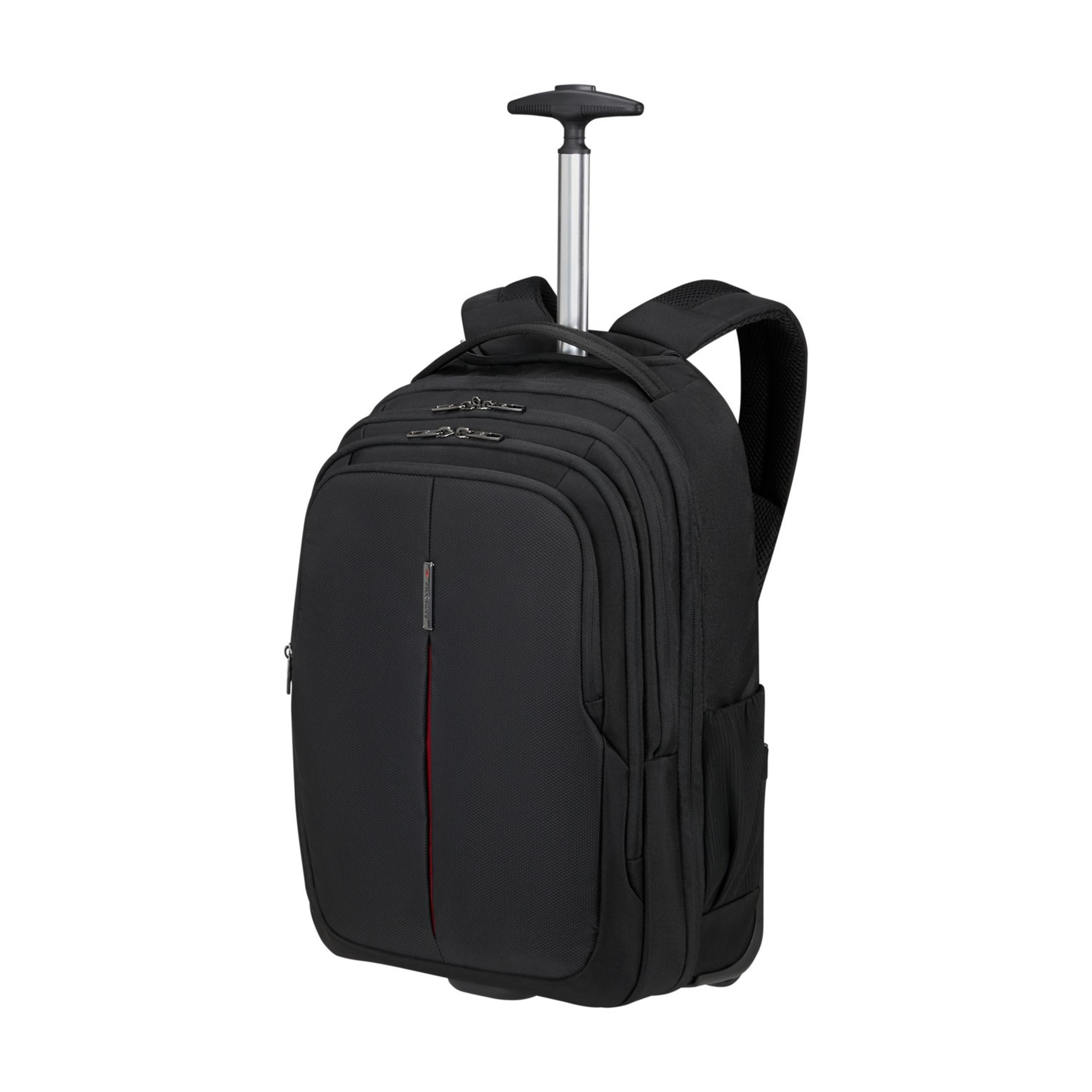 Sac à dos noir à roulettes avec poignée rétractable, sur fond blanc.