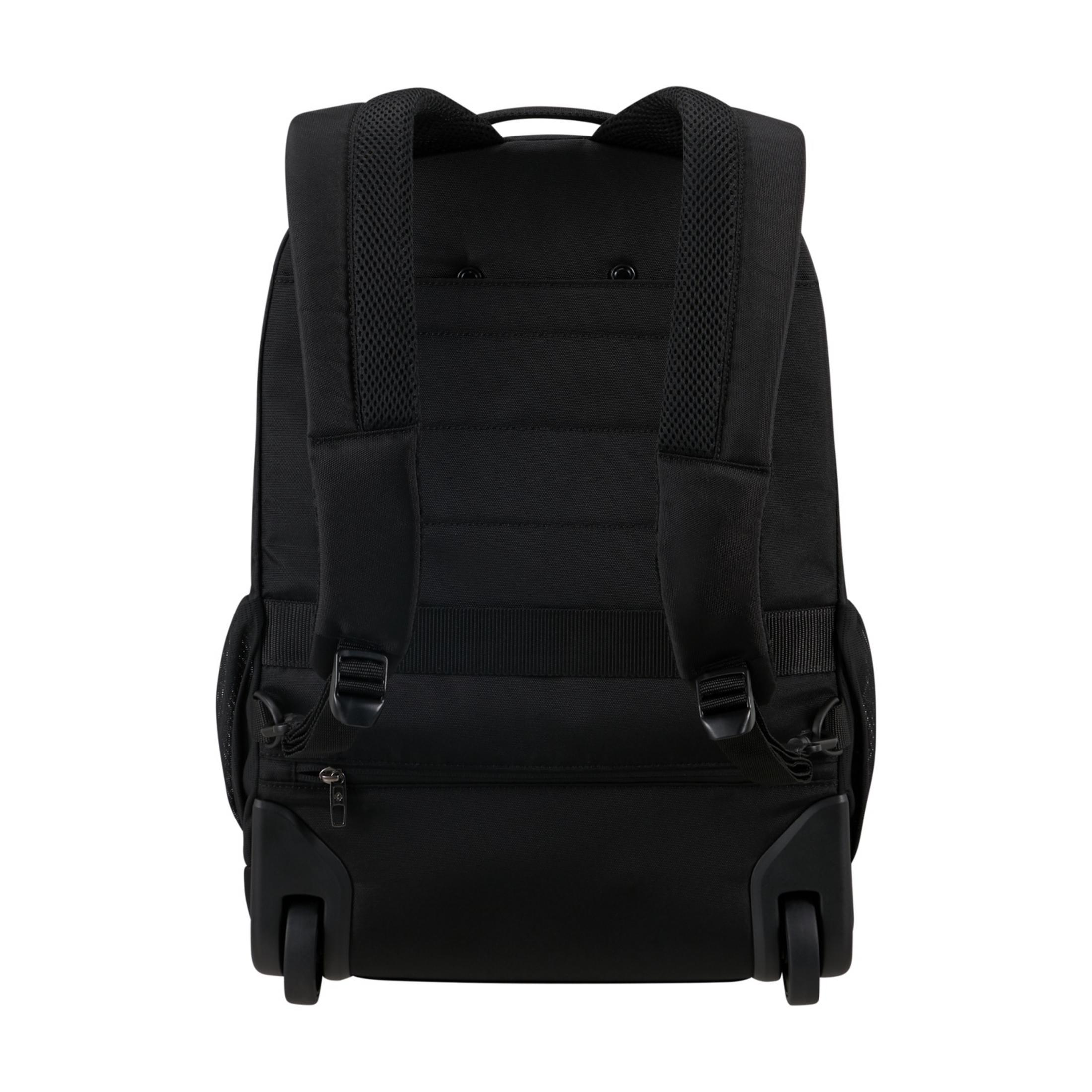 Sac à dos noir à roulettes avec bretelles rembourrées, sur fond blanc.