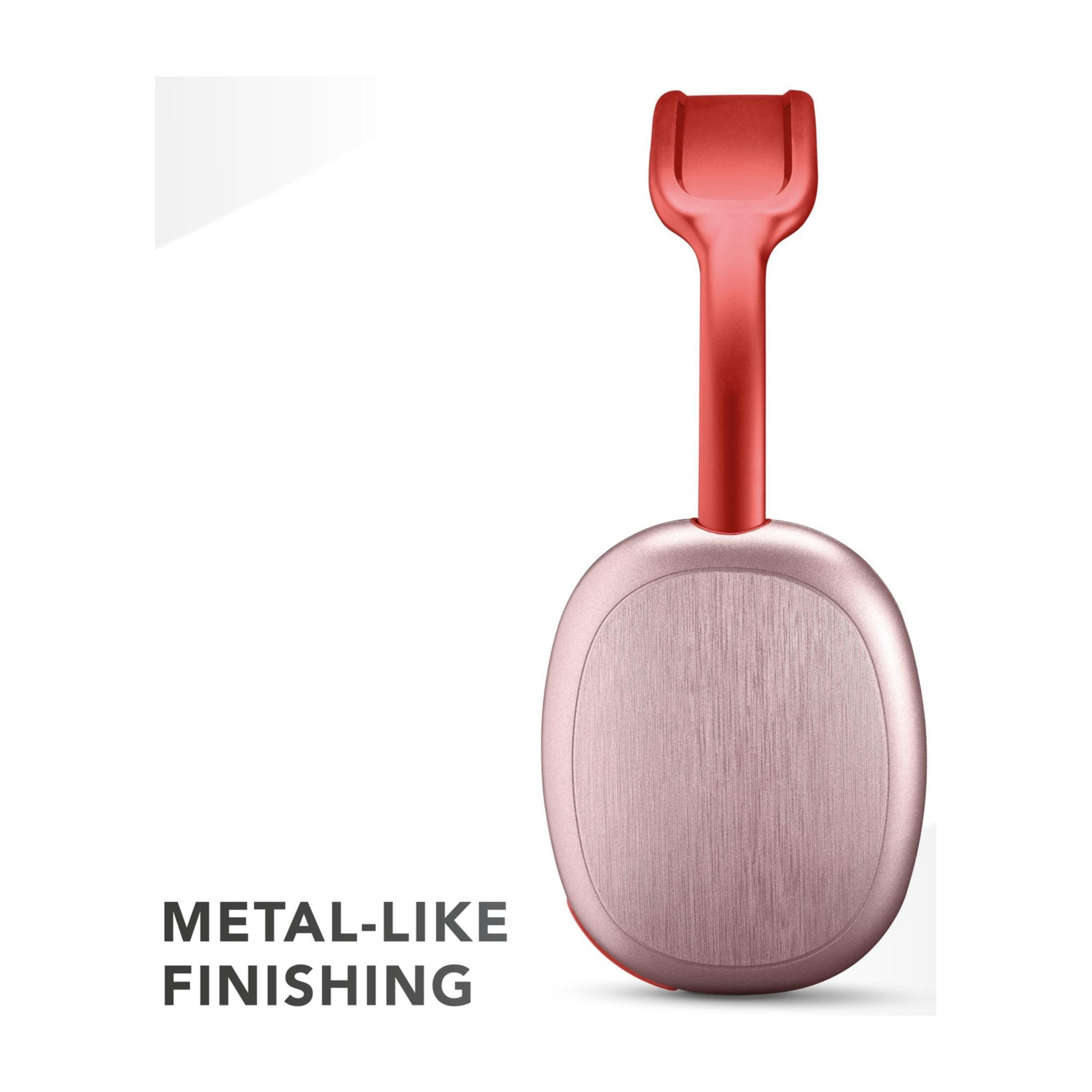 Rood apparaat met roségouden metalen basis en zilveren accent.