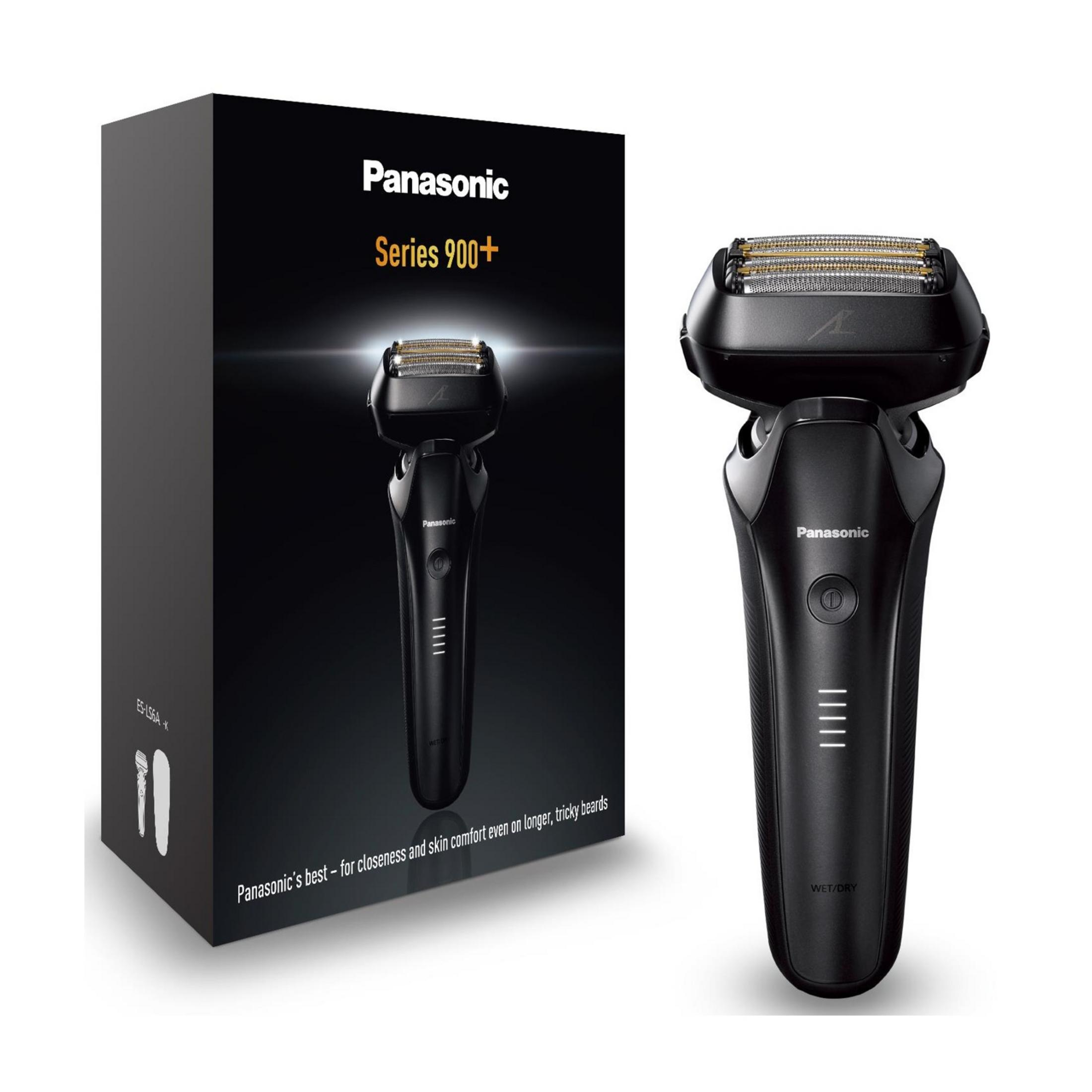 Czarna elektryczna maszynka do golenia Panasonic ze srebrnymi ostrzami i opakowaniem.