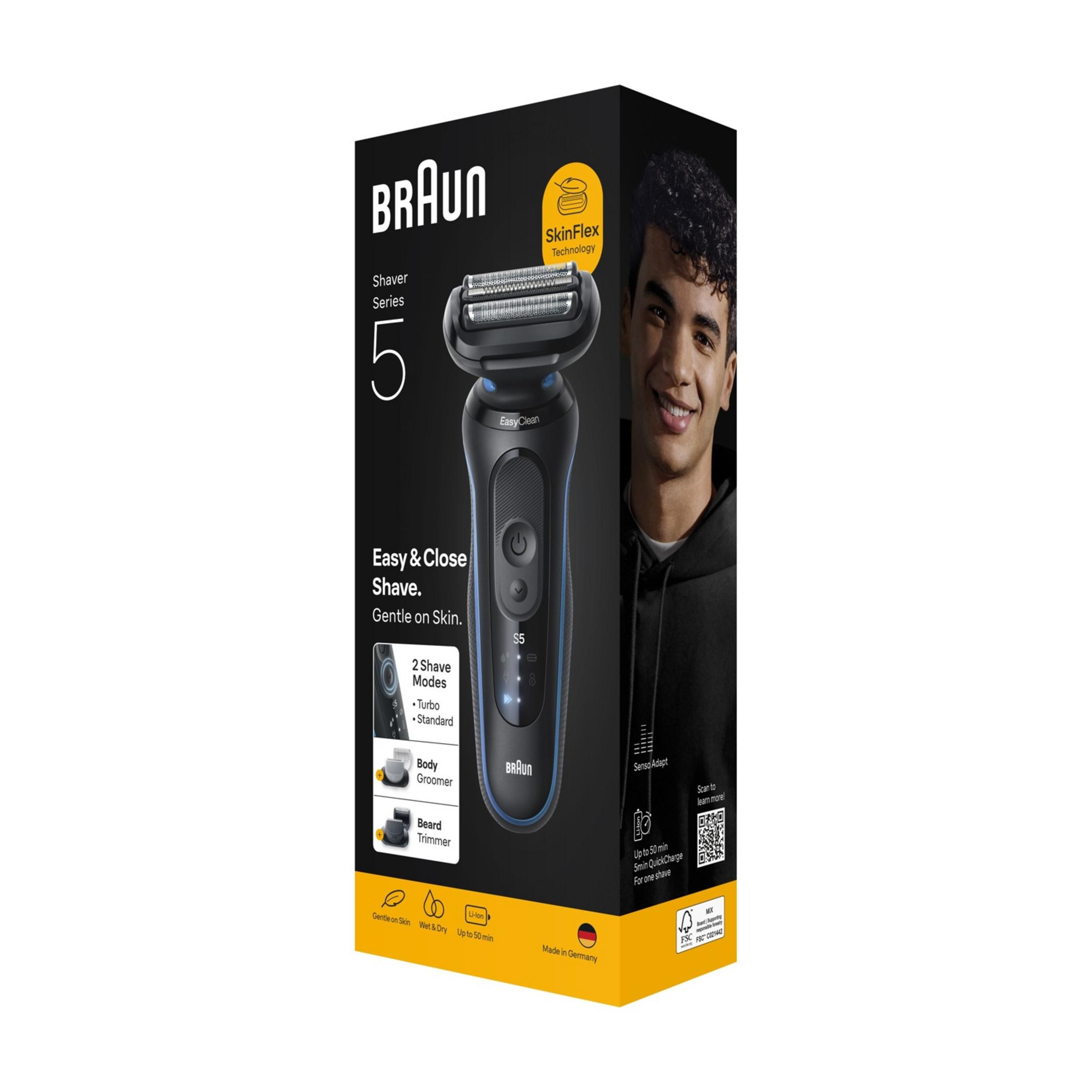 Emballage de rasoir Braun Série 5 avec homme et détails du produit.