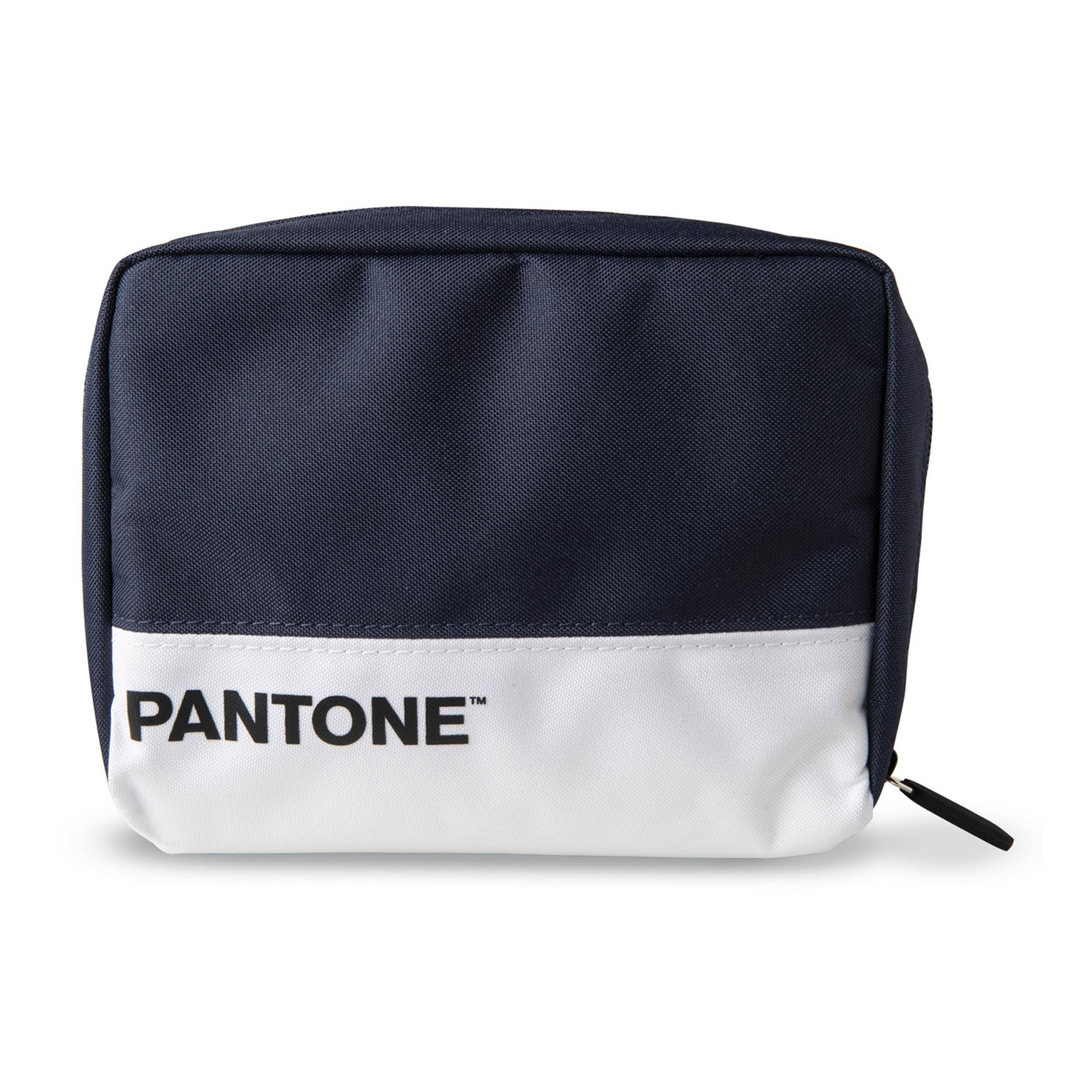 Borsa blu scuro e bianca con logo PANTONE e cerniera.