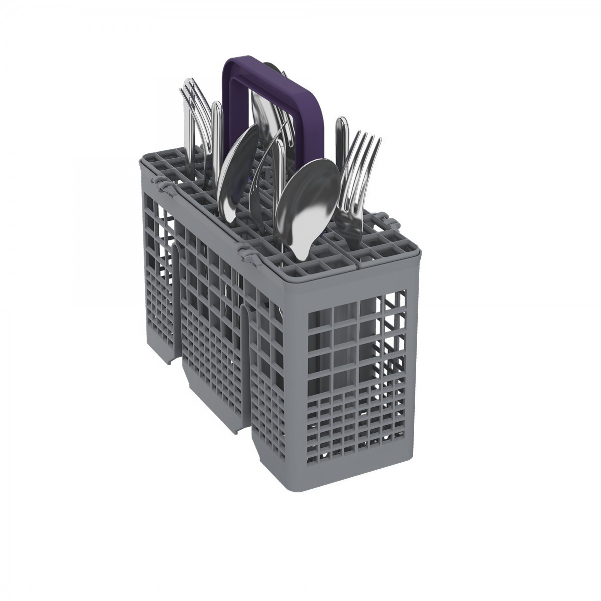 Portaposate grigio con manico viola, riempito con cucchiai e forchette argentate.