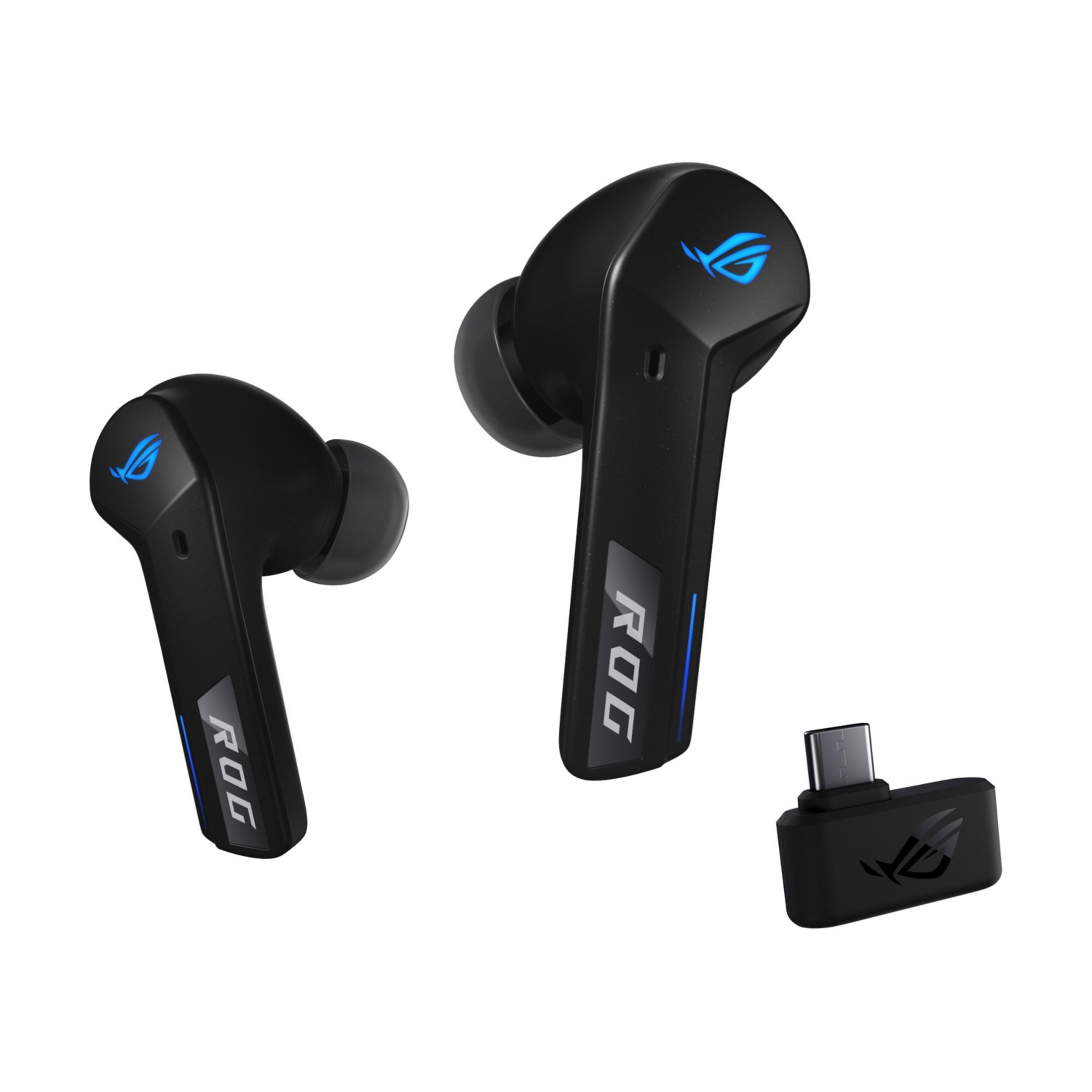 Czarne słuchawki ROG z niebieskim logo i adapterem USB-C.