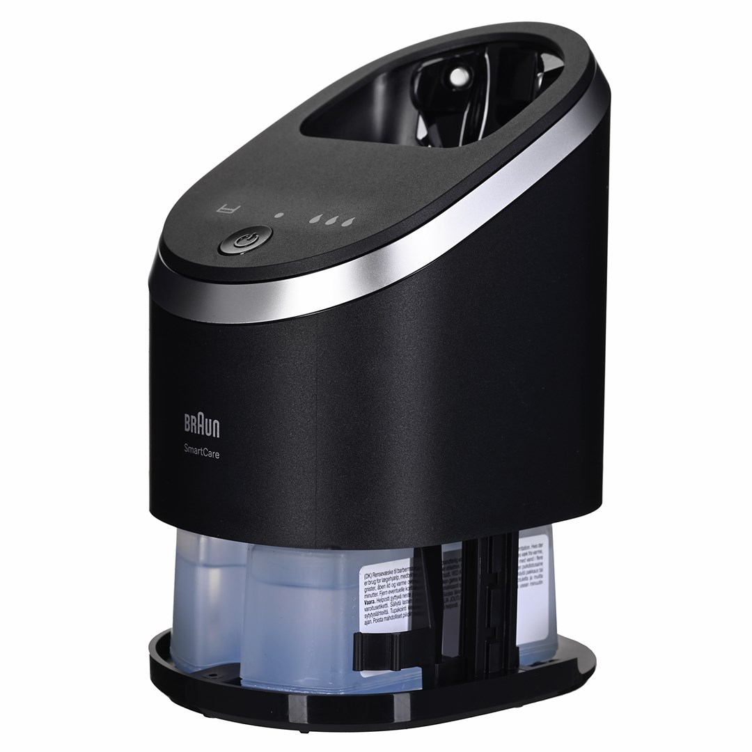 Czarna ładowarka Braun SmartCare z srebrnymi akcentami i dwoma wkładami z płynem.