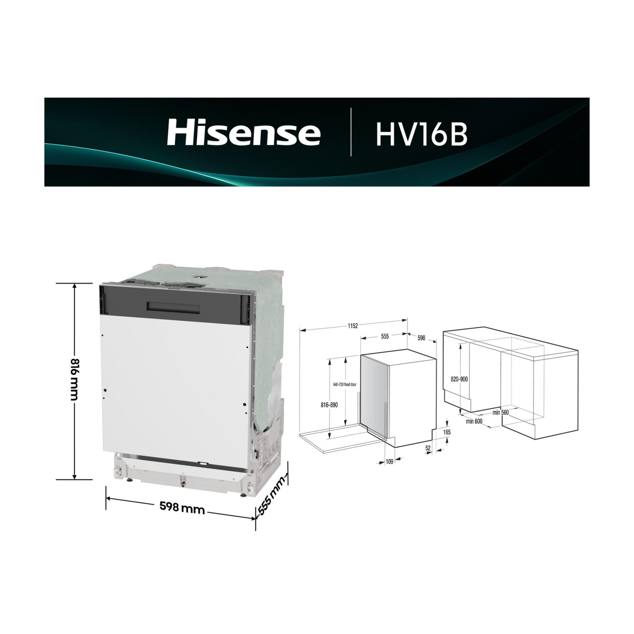 Lavastoviglie da incasso con dimensioni. Modello Hisense HV16B.