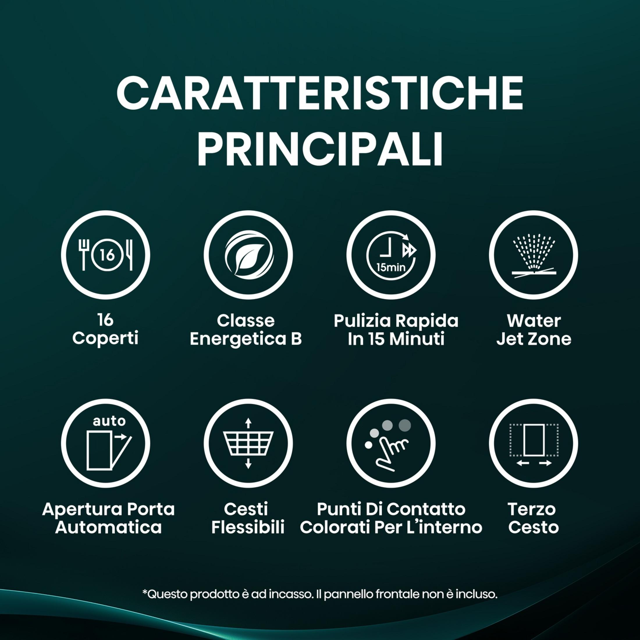 Icone caratteristiche lavastoviglie: 16 coperti, Classe B, Lavaggio rapido 15 min, Zona Water Jet.