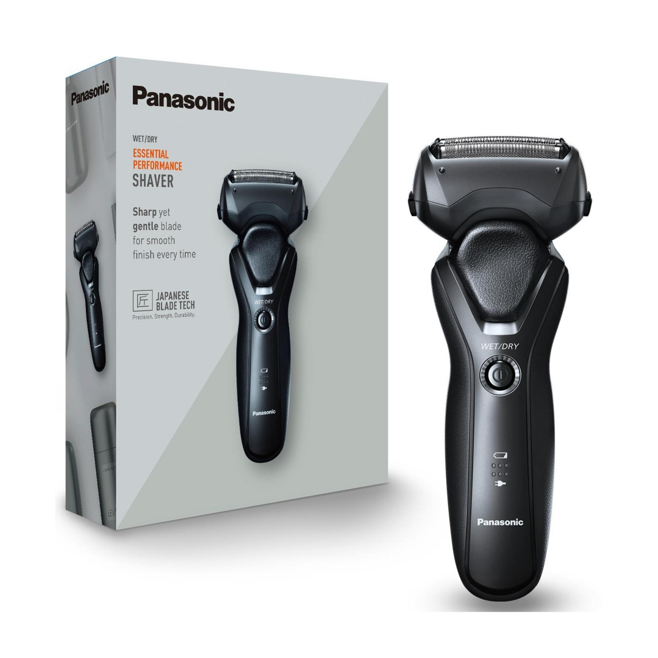 Czarna maszynka do golenia Panasonic obok pudełka. Praca na mokro/sucho.