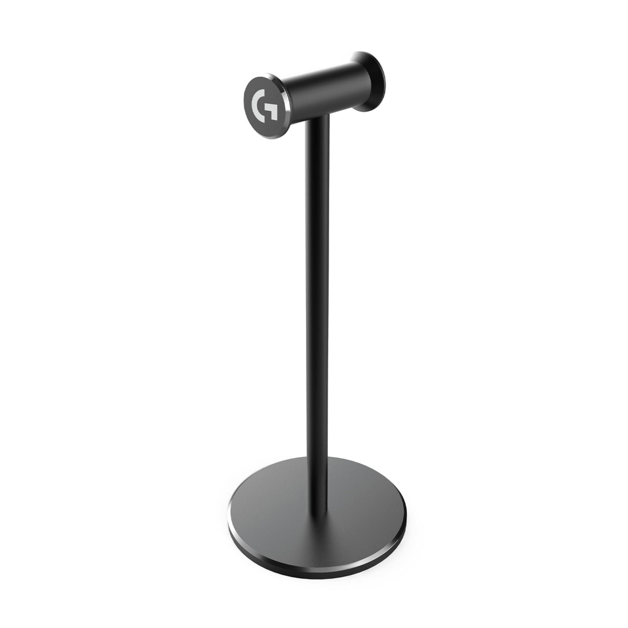 Czarny stojak na słuchawki z logo G na haczyku.