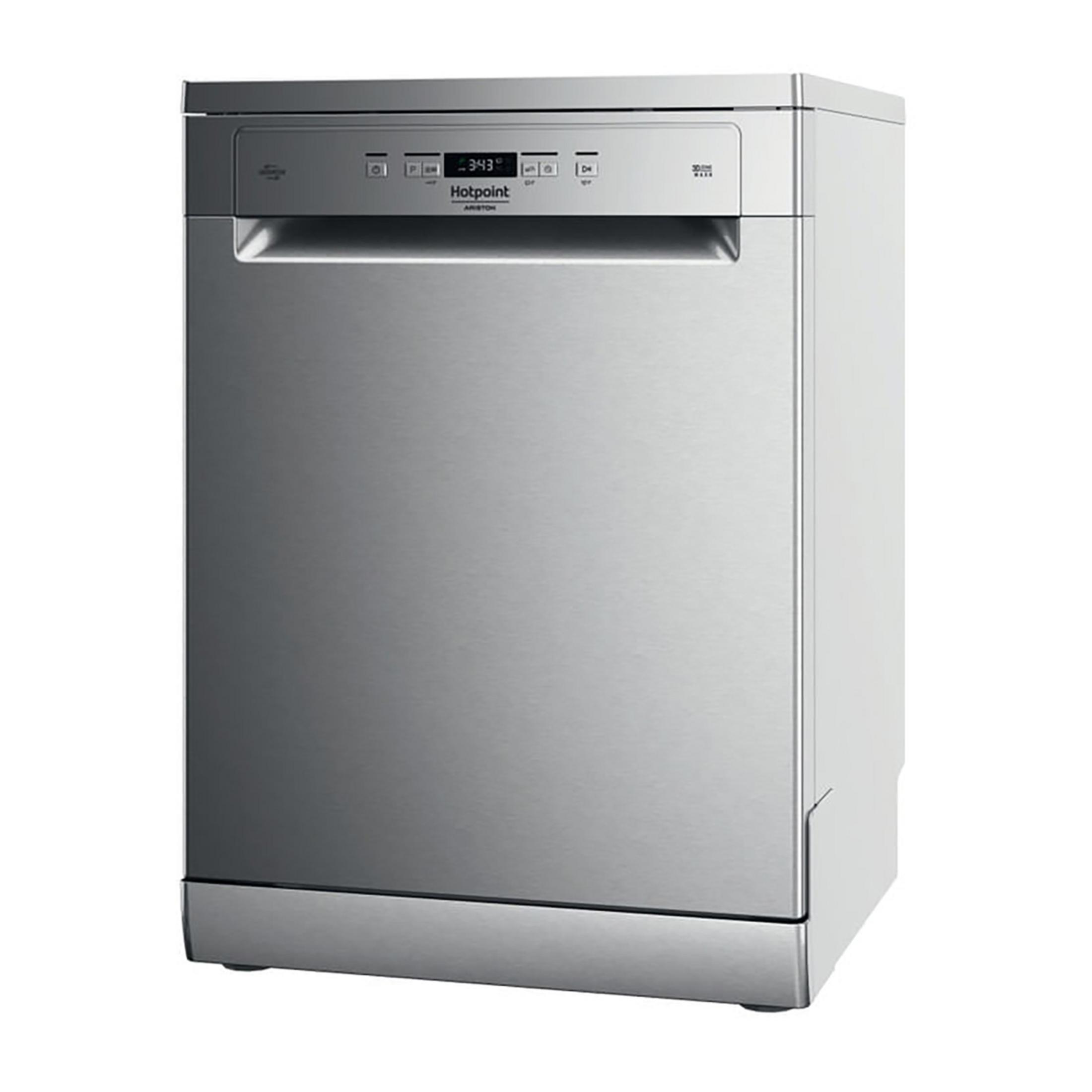 Un lavavajillas Hotpoint plateado con pantalla digital y botones de control.