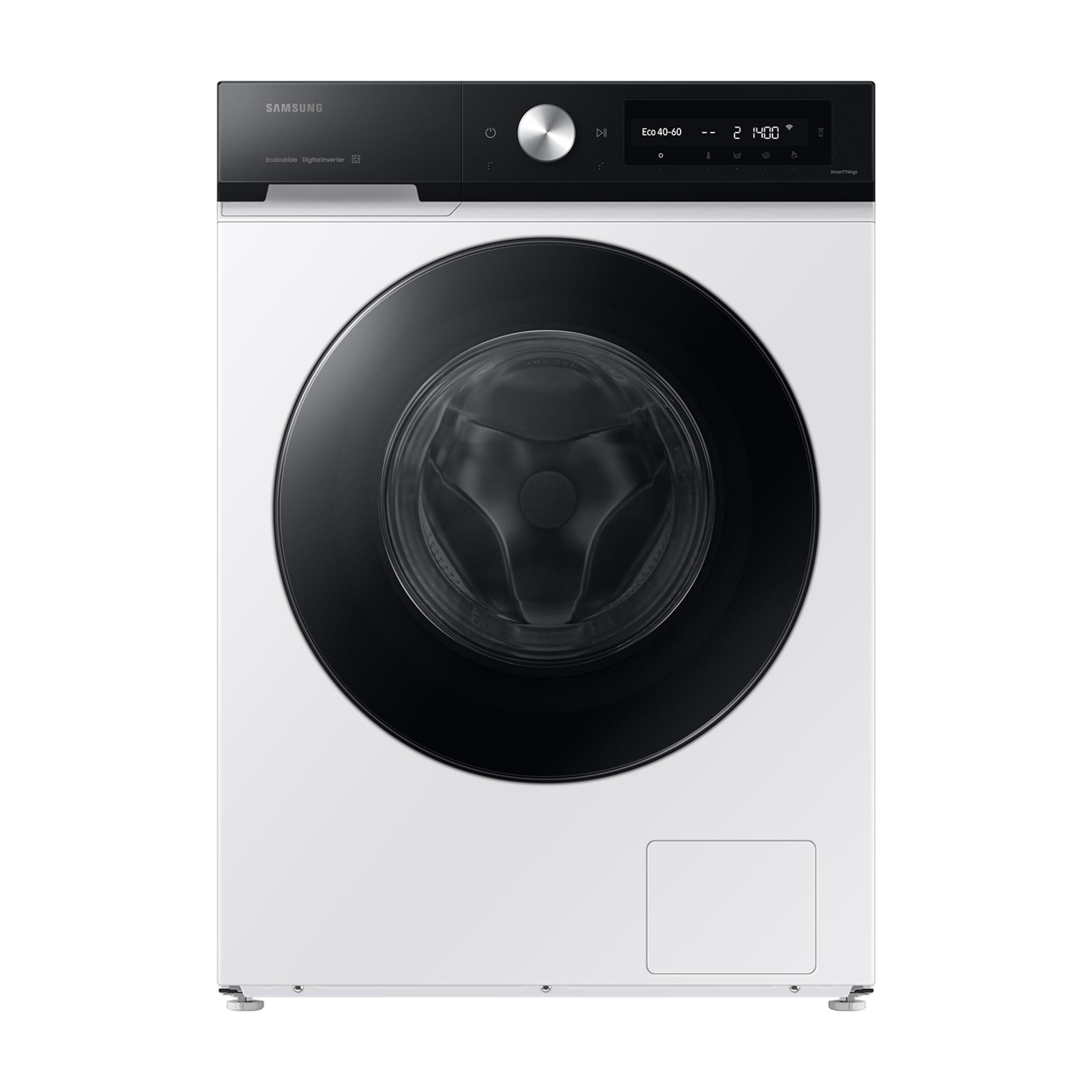 Biała pralka Samsung z czarnymi drzwiami i panelem sterowania.