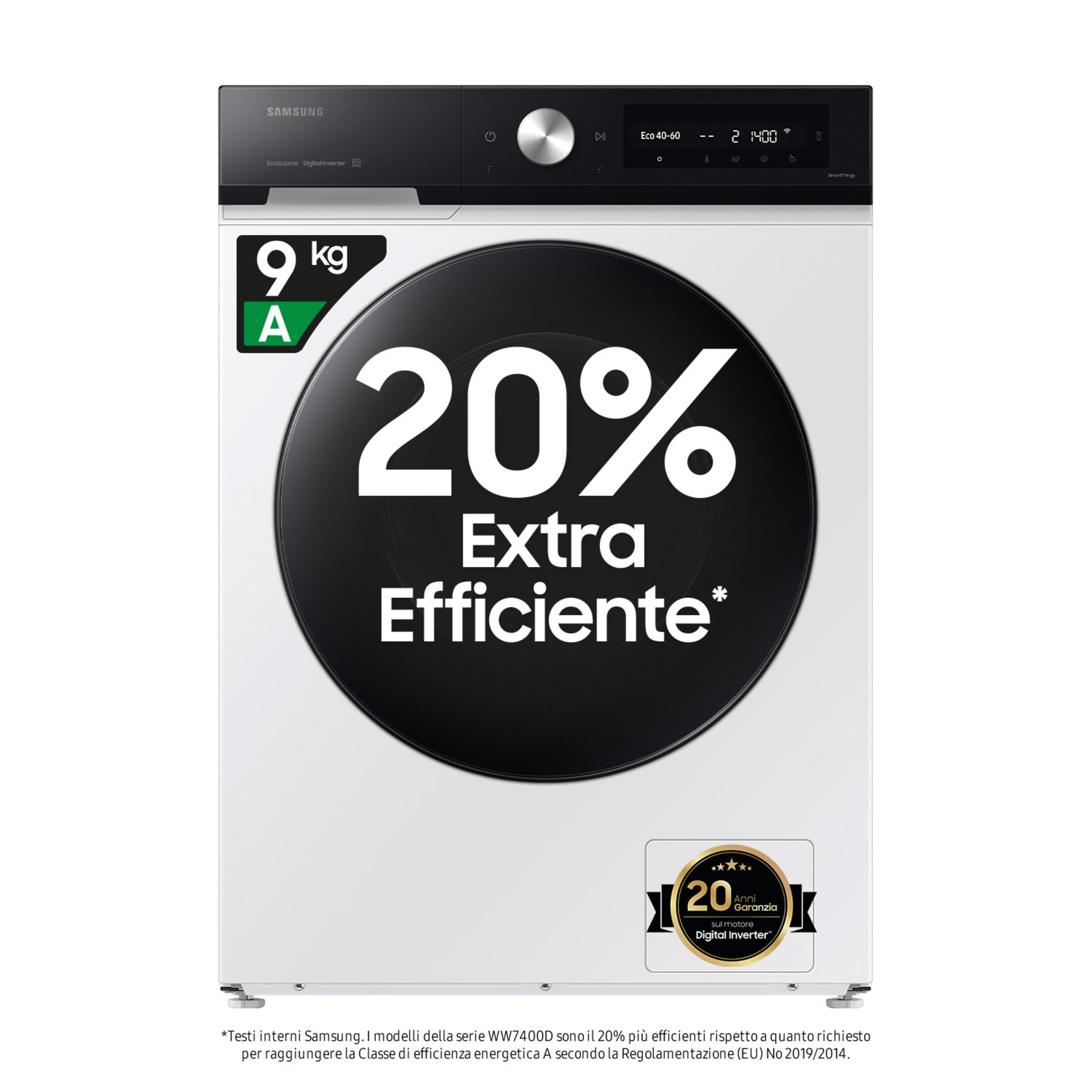 Biała pralka Samsung o pojemności 9 kg z etykietą efektywności energetycznej.