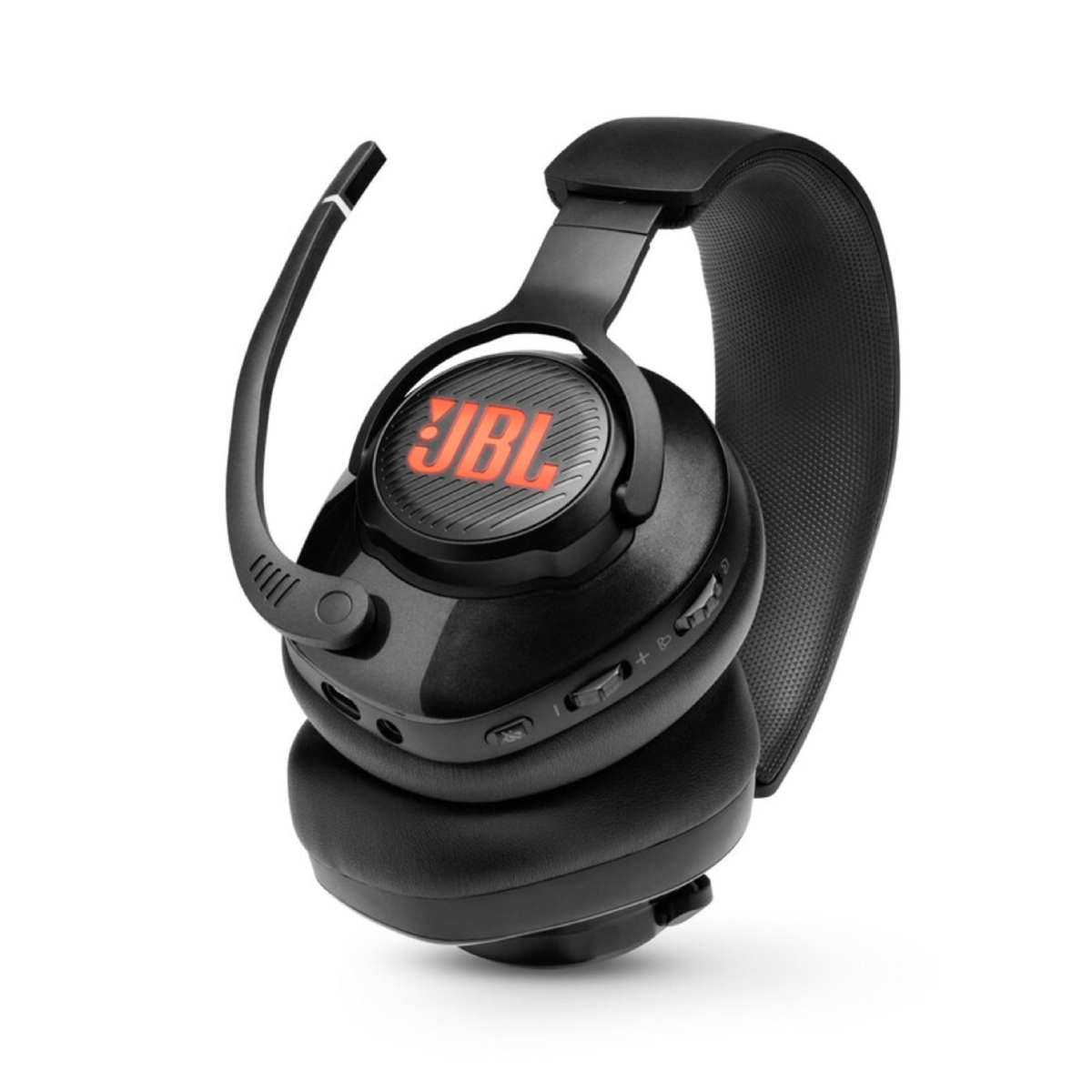 Auriculares JBL negros con logo rojo y micrófono.