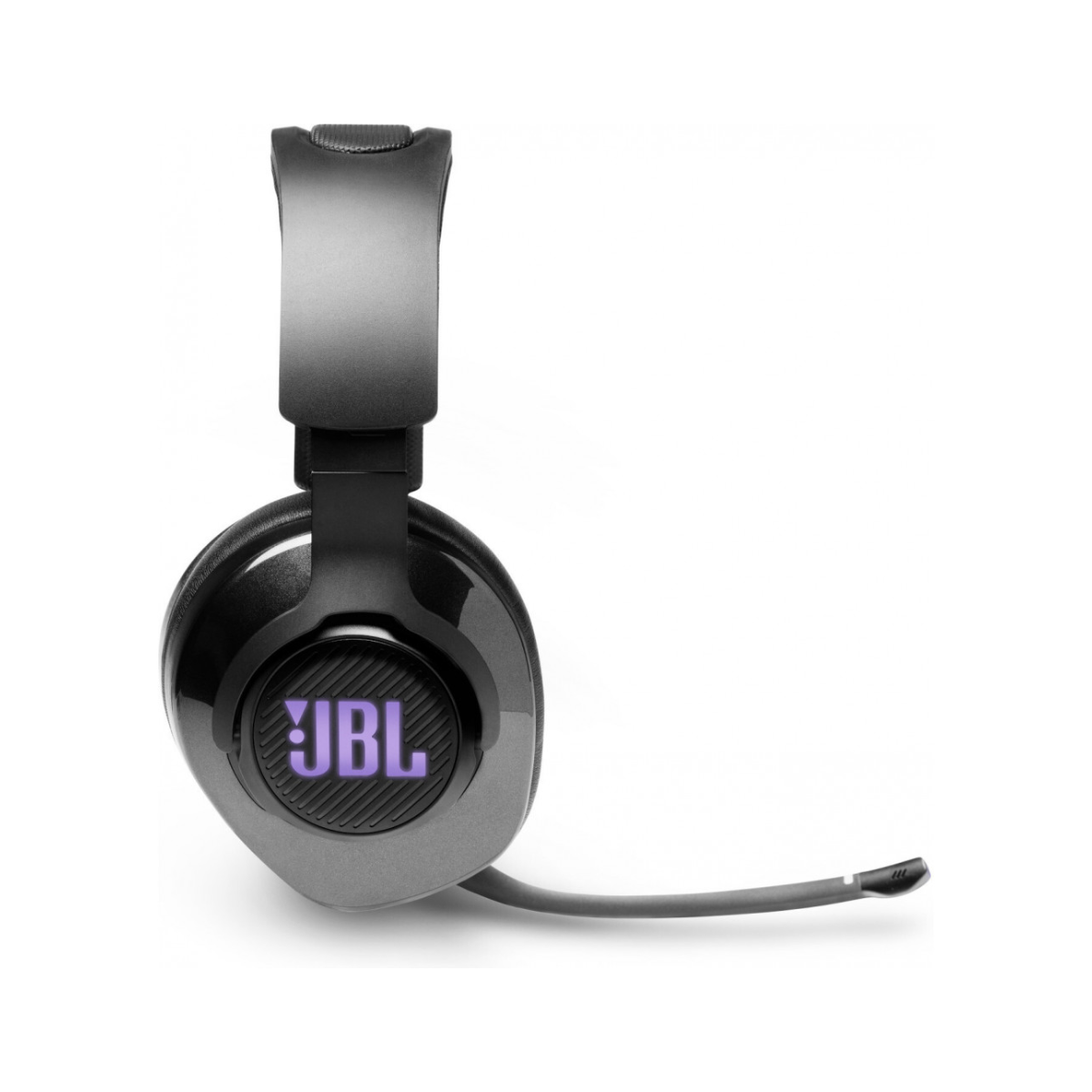 Auriculares grises con logo JBL morado y micrófono sobre fondo blanco.