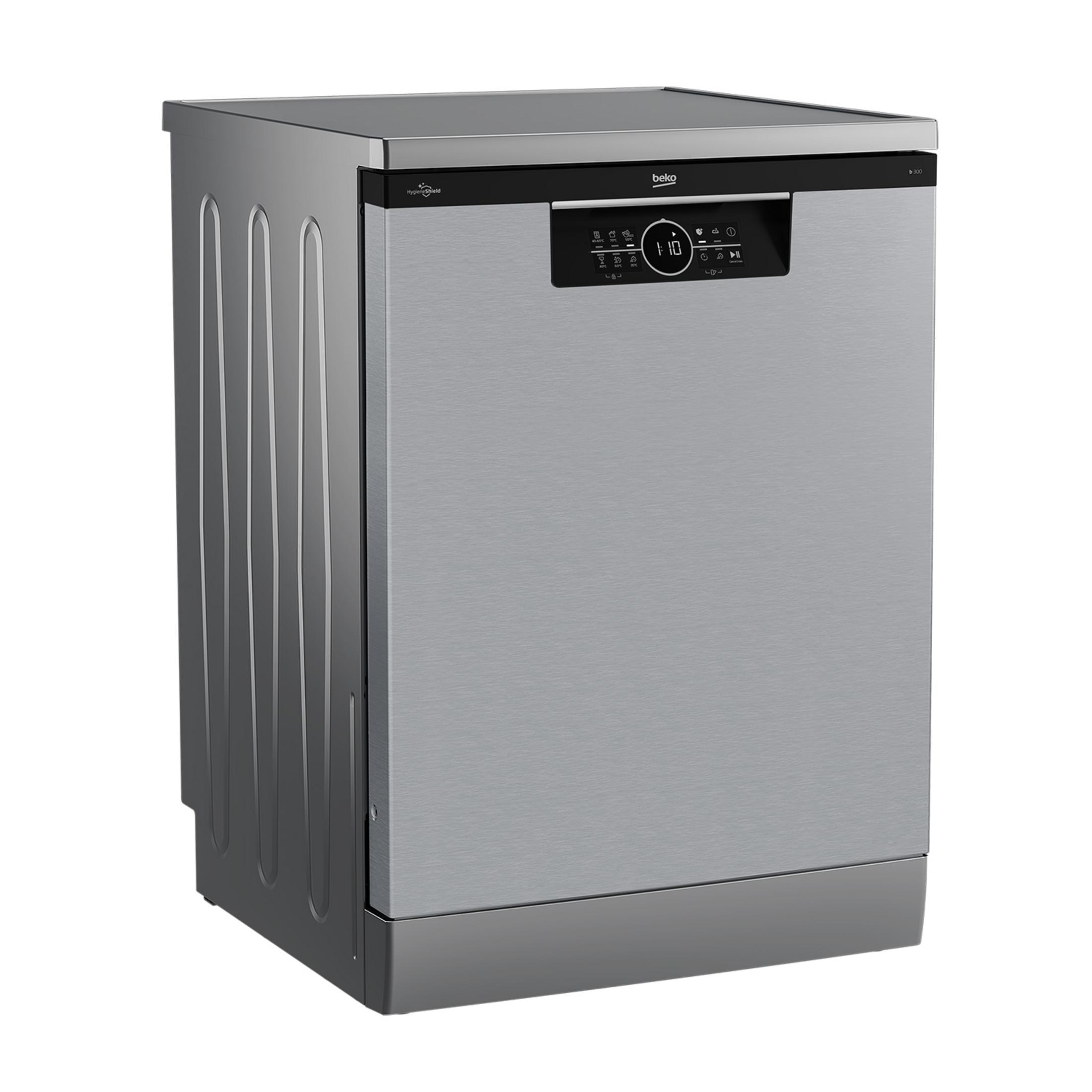 Lavastoviglie Beko argento con display digitale e pannello di controllo.