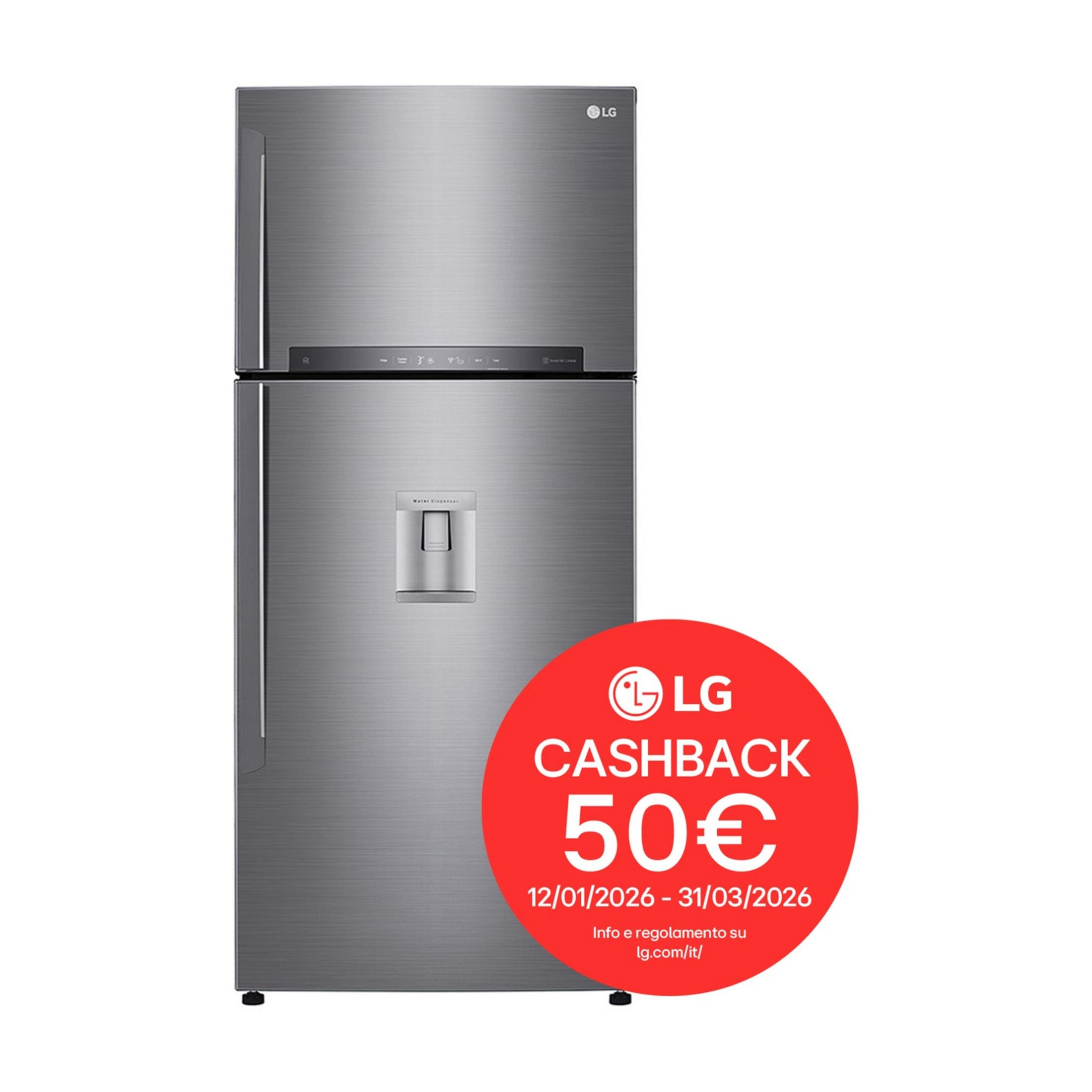 Srebrna lodówka LG z dozownikiem wody i czerwonym wyświetlaczem cashback.