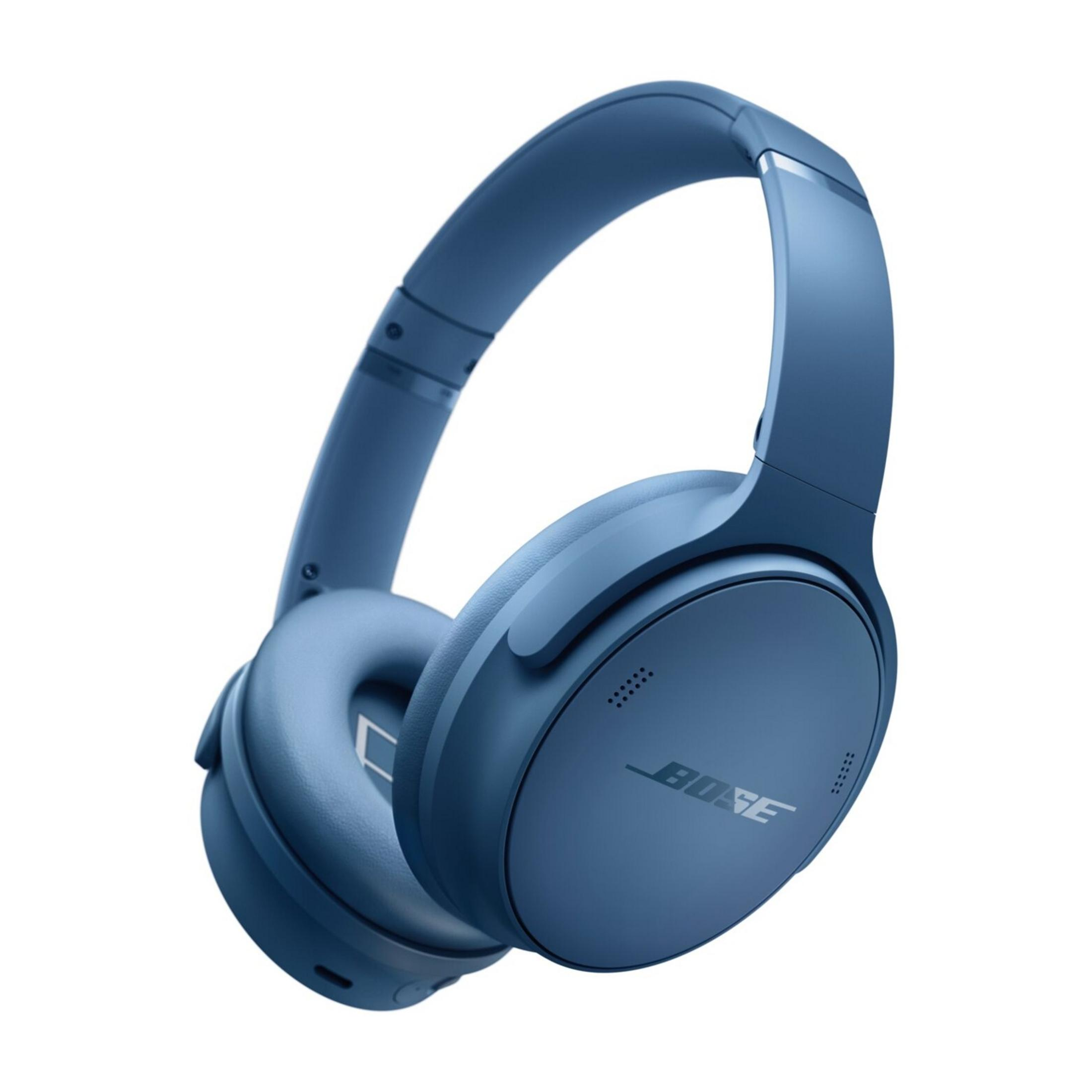 Niebieskie słuchawki Bose z wyściełanymi nausznikami i regulowanym pałąkiem.