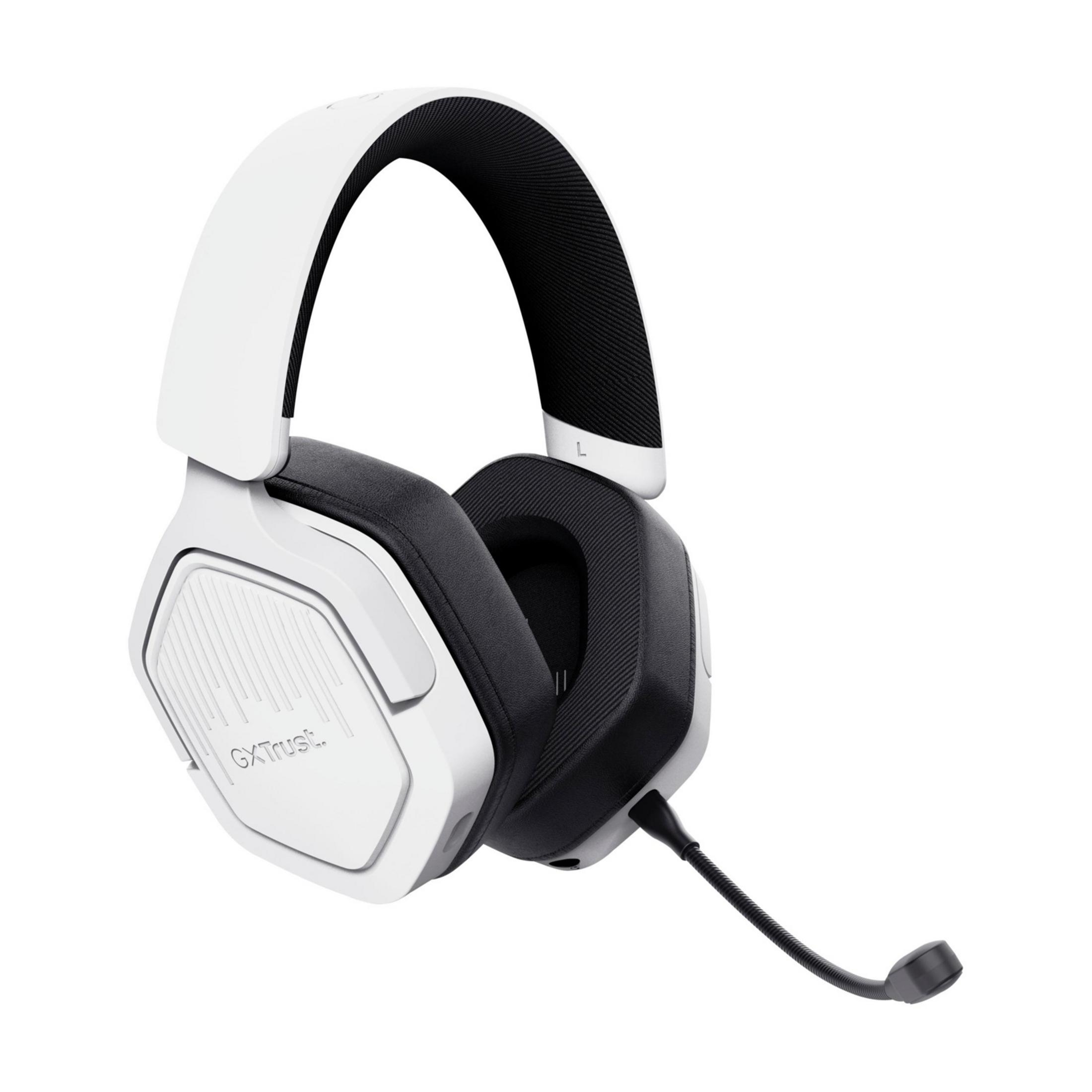 Białe słuchawki gamingowe z czarnymi akcentami i elastycznym mikrofonem.