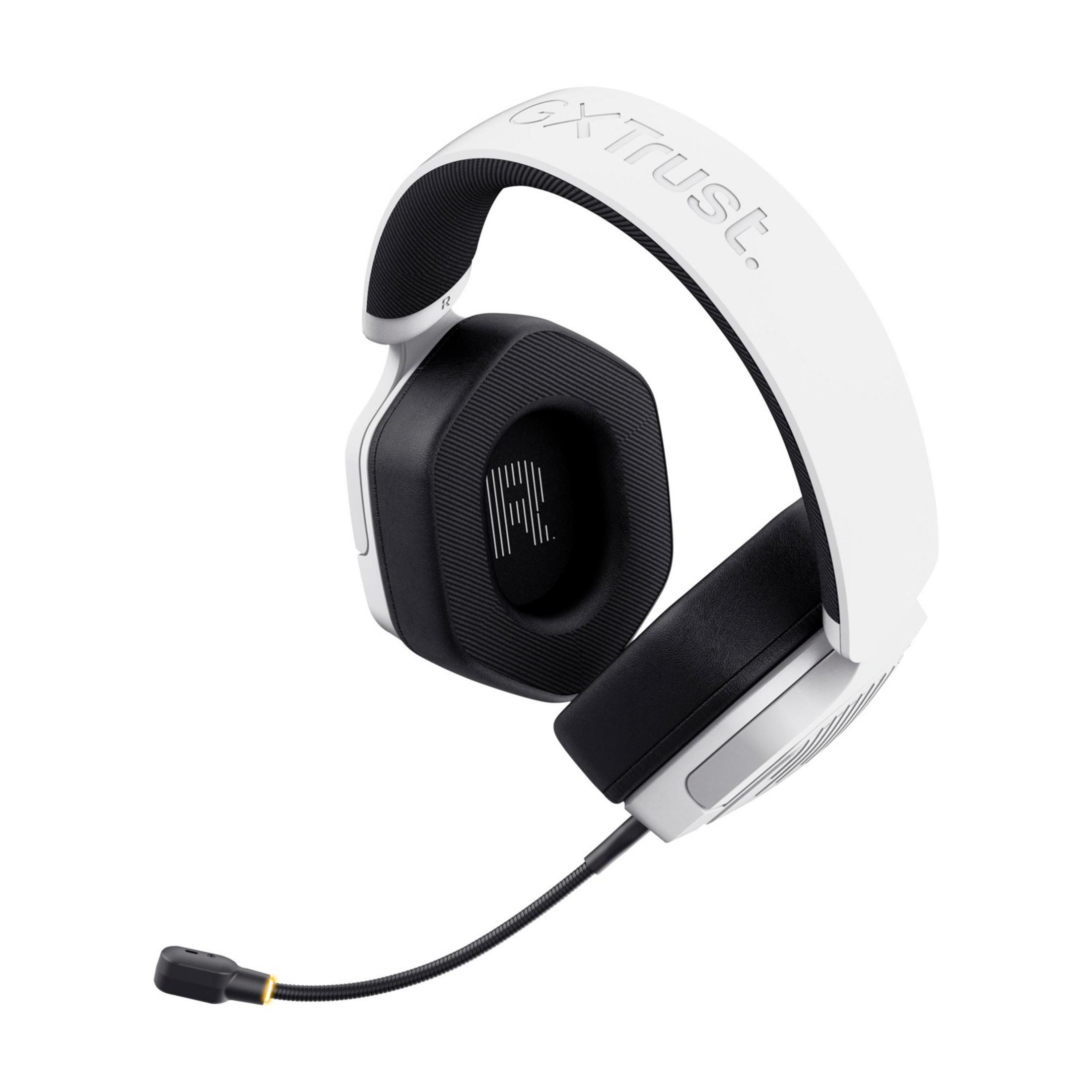 Białe słuchawki gamingowe z czarnymi nausznikami i mikrofonem, na białym tle.