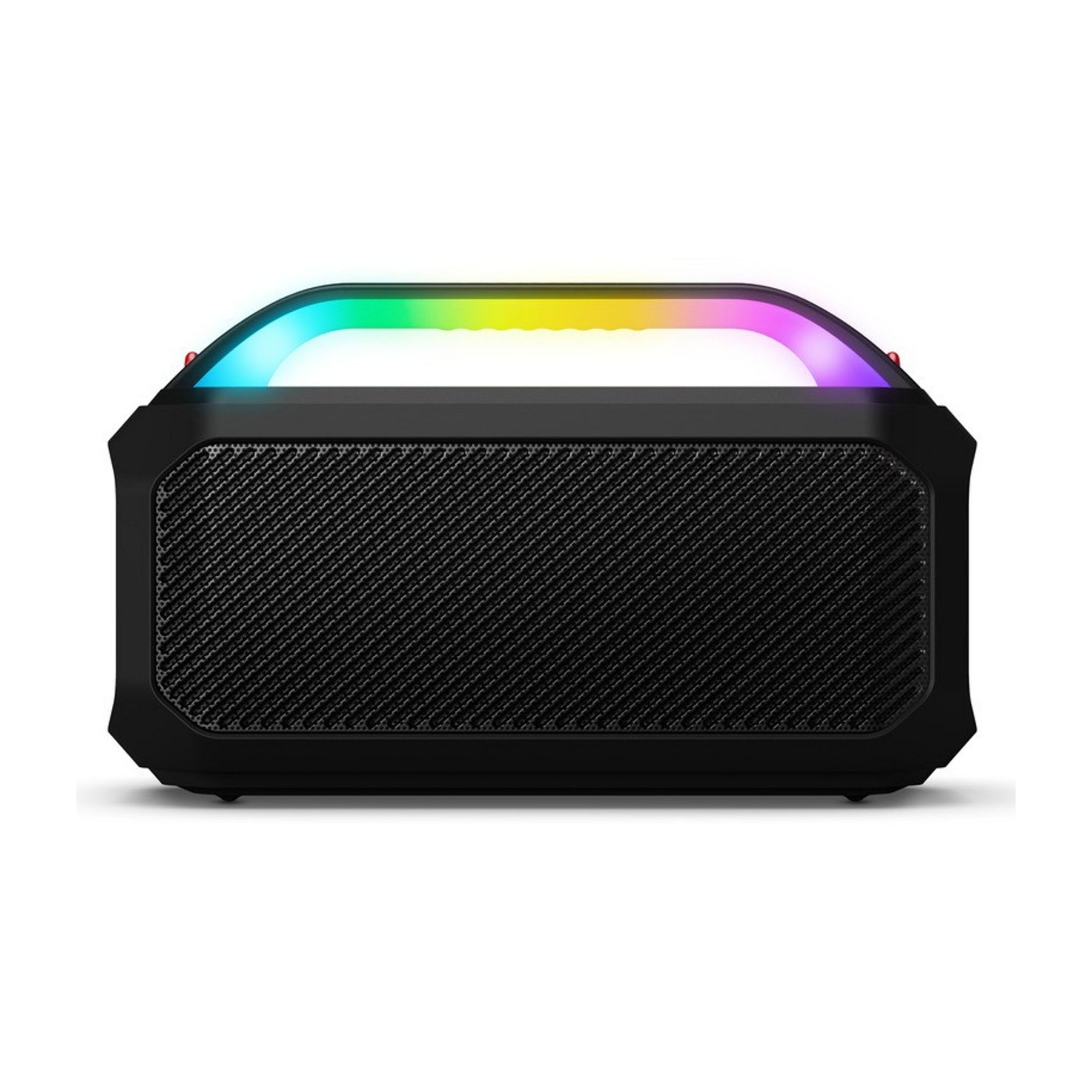 Black speaker with rainbow LED light bar and handle.