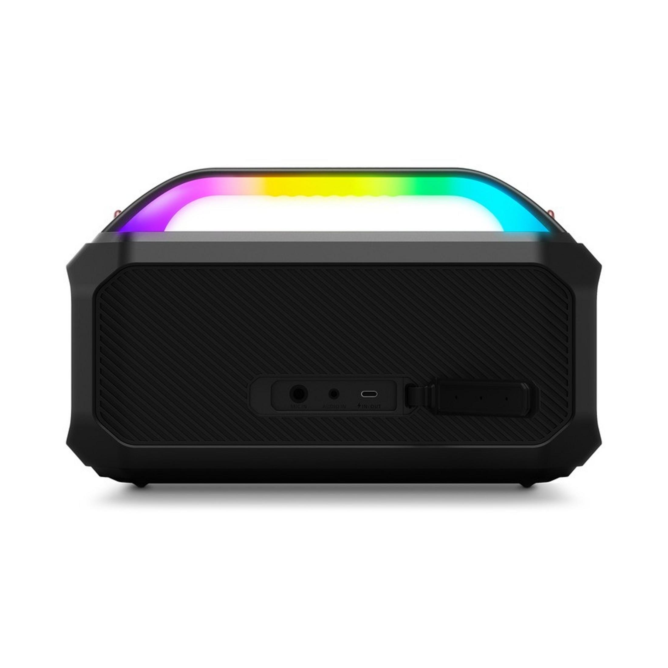 Black speaker with a rainbow LED light bar and ports on the back.