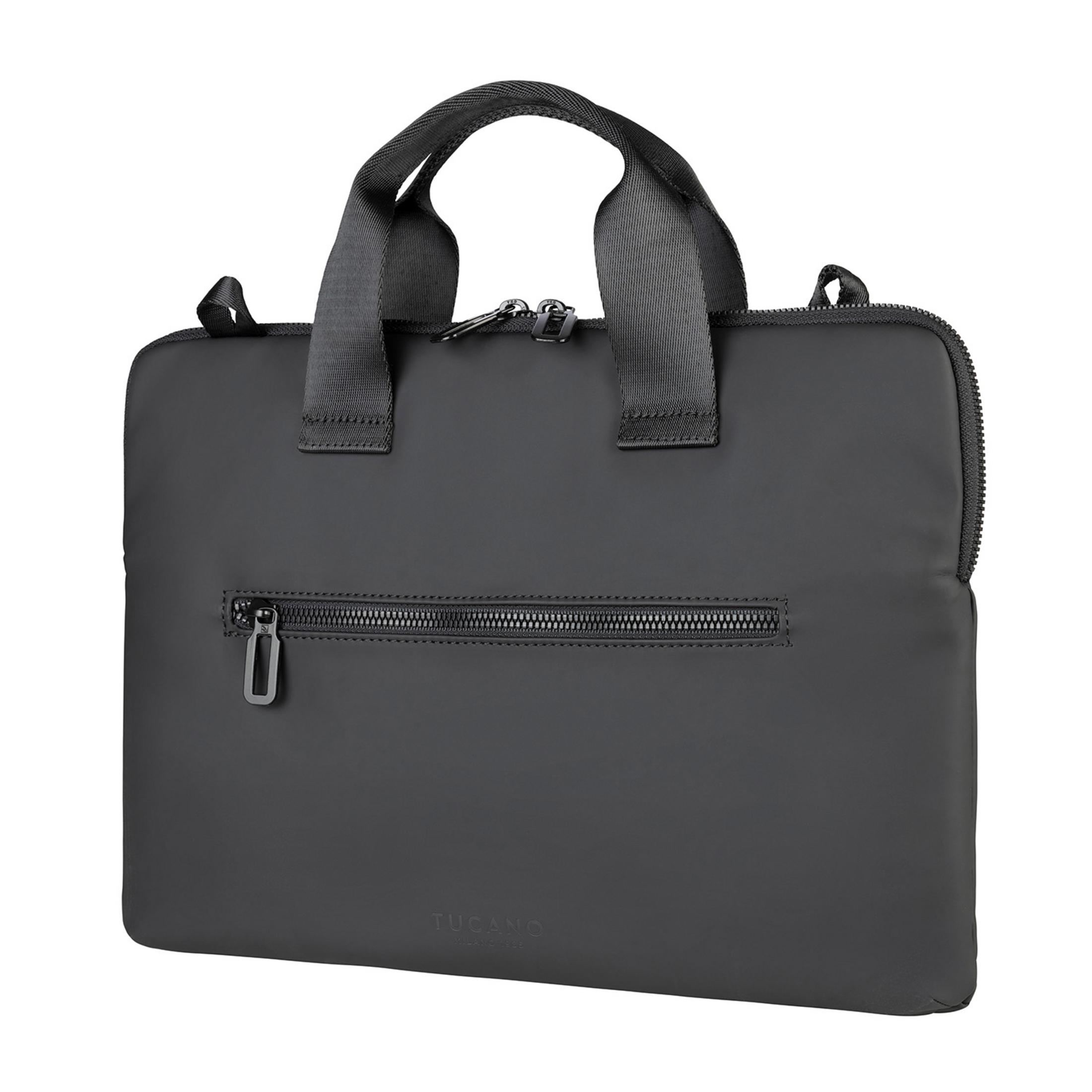 Borsa nera per laptop con manici e scomparti con cerniera.
