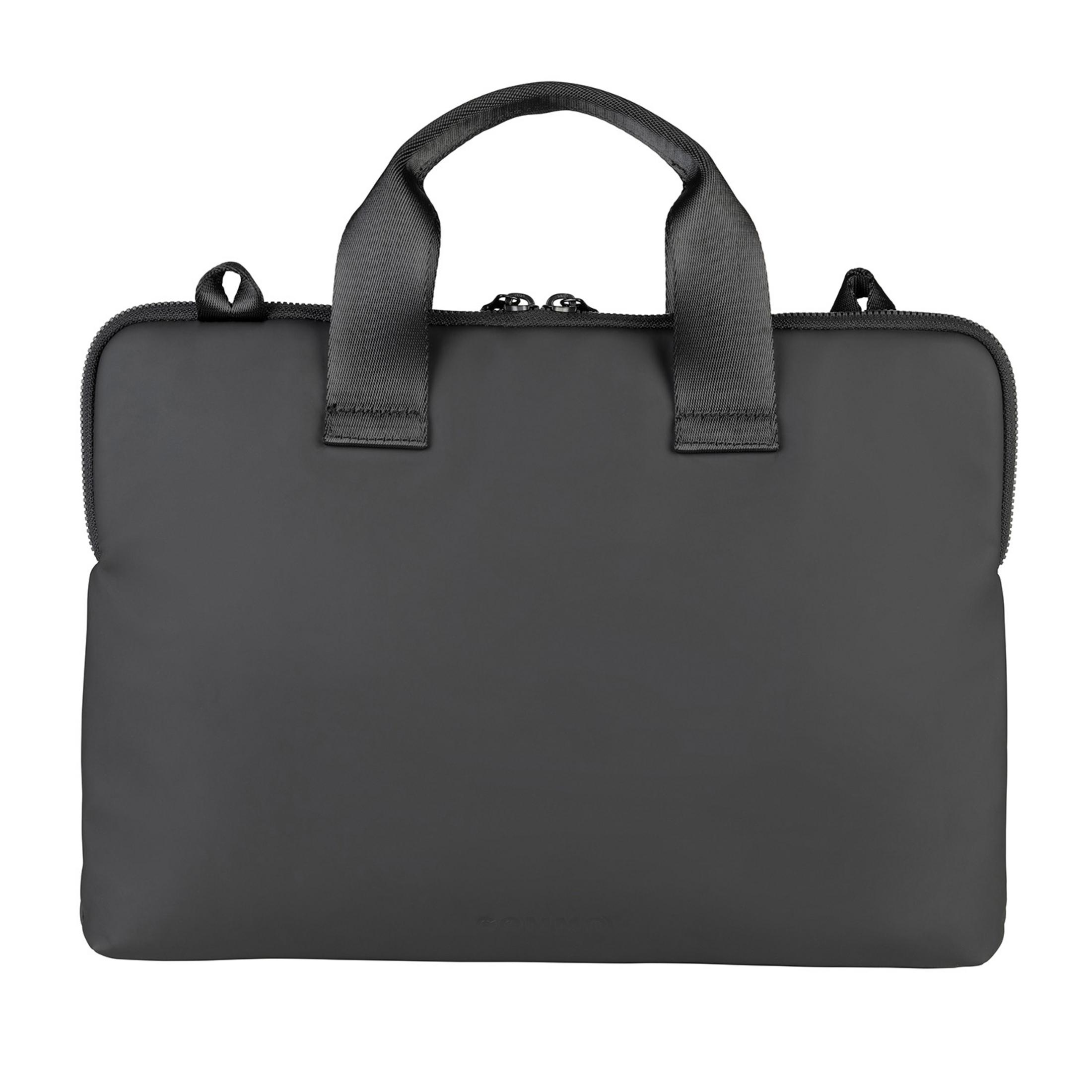 Una borsa nera per laptop con due manici e chiusura a zip.