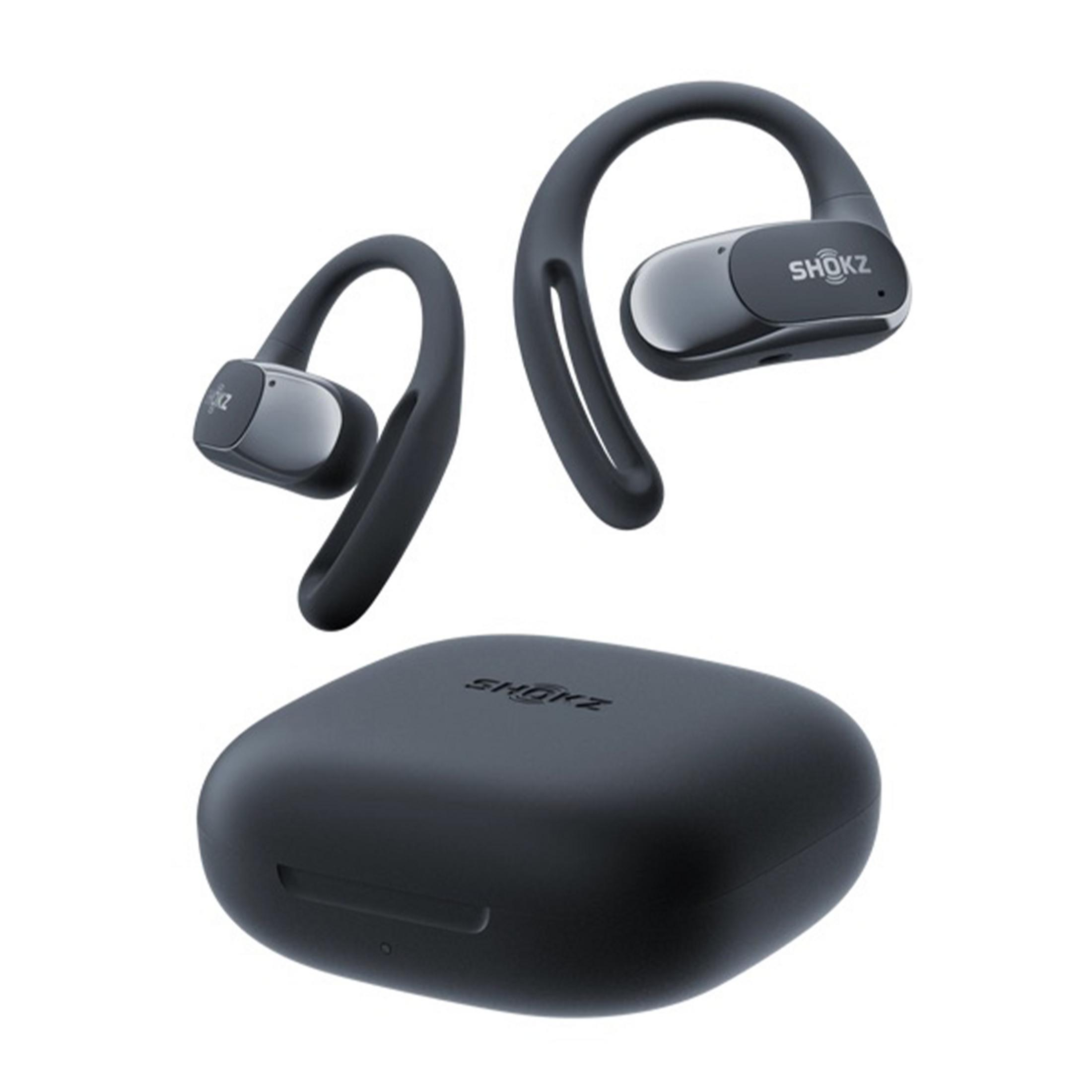 Cuffie Shokz nere con custodia di ricarica, isolate su sfondo bianco.