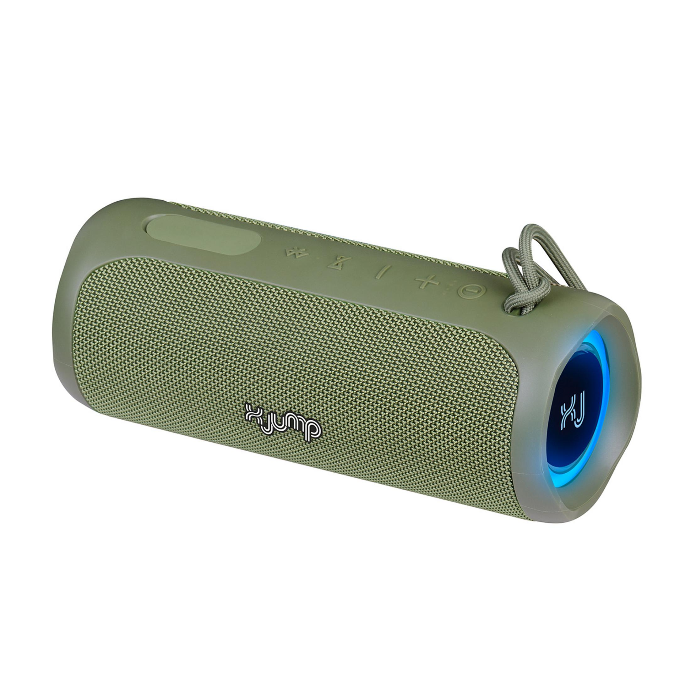 Zielony głośnik Bluetooth z niebieskim podświetlanym pierścieniem i sznurkiem.