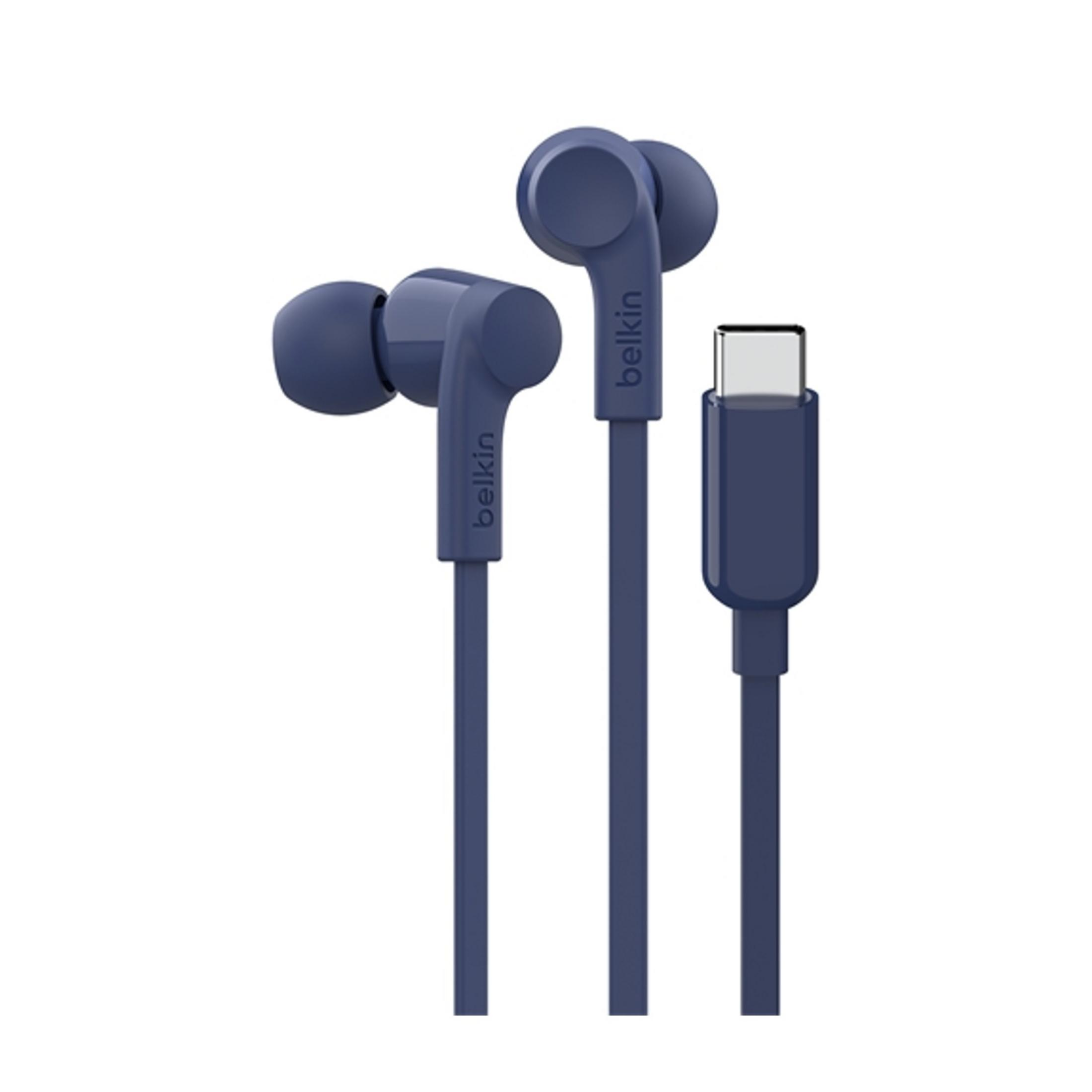 Auricolari Belkin blu scuro con connettore USB-C.