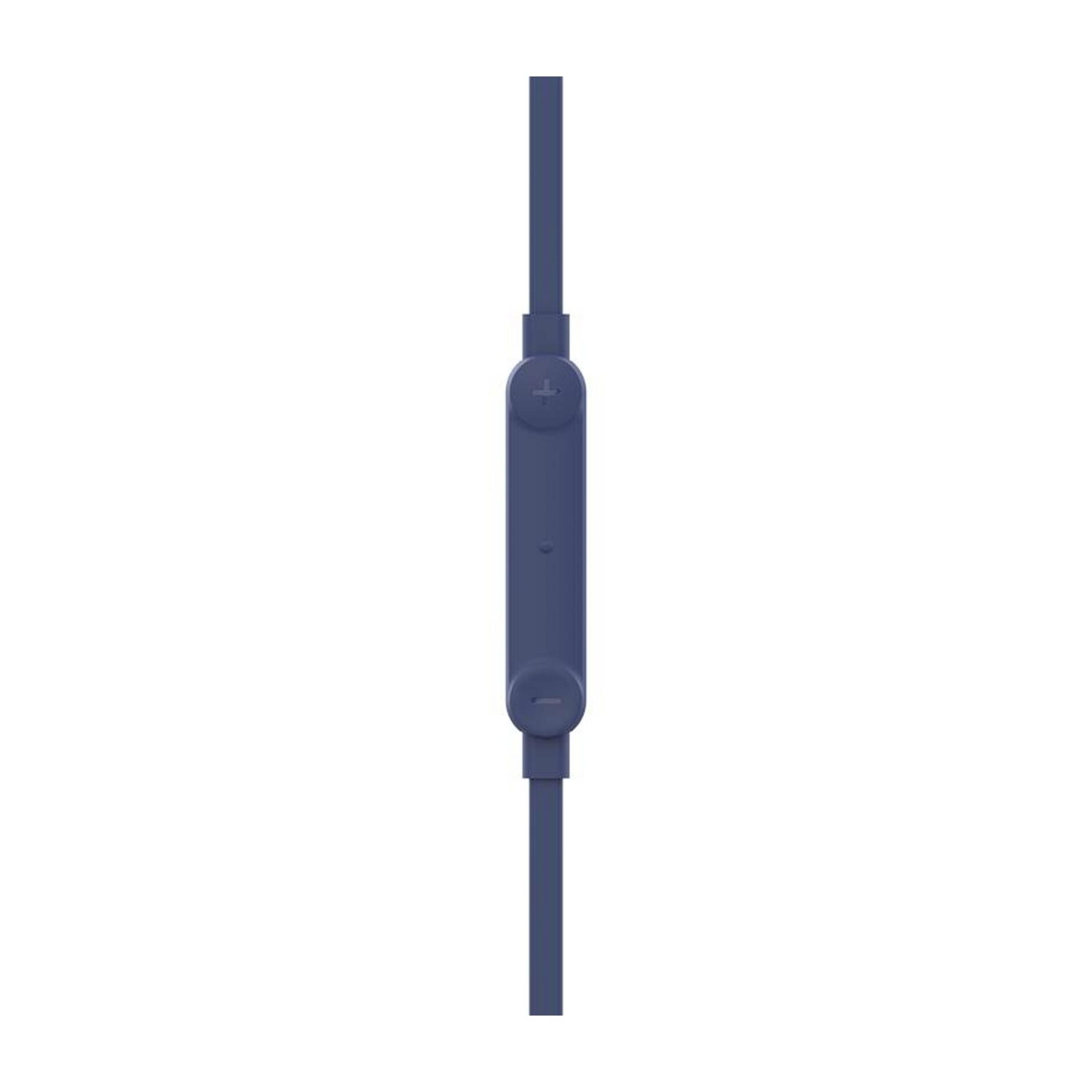 Un cavo blu con pulsanti del volume (+/-) su sfondo bianco.