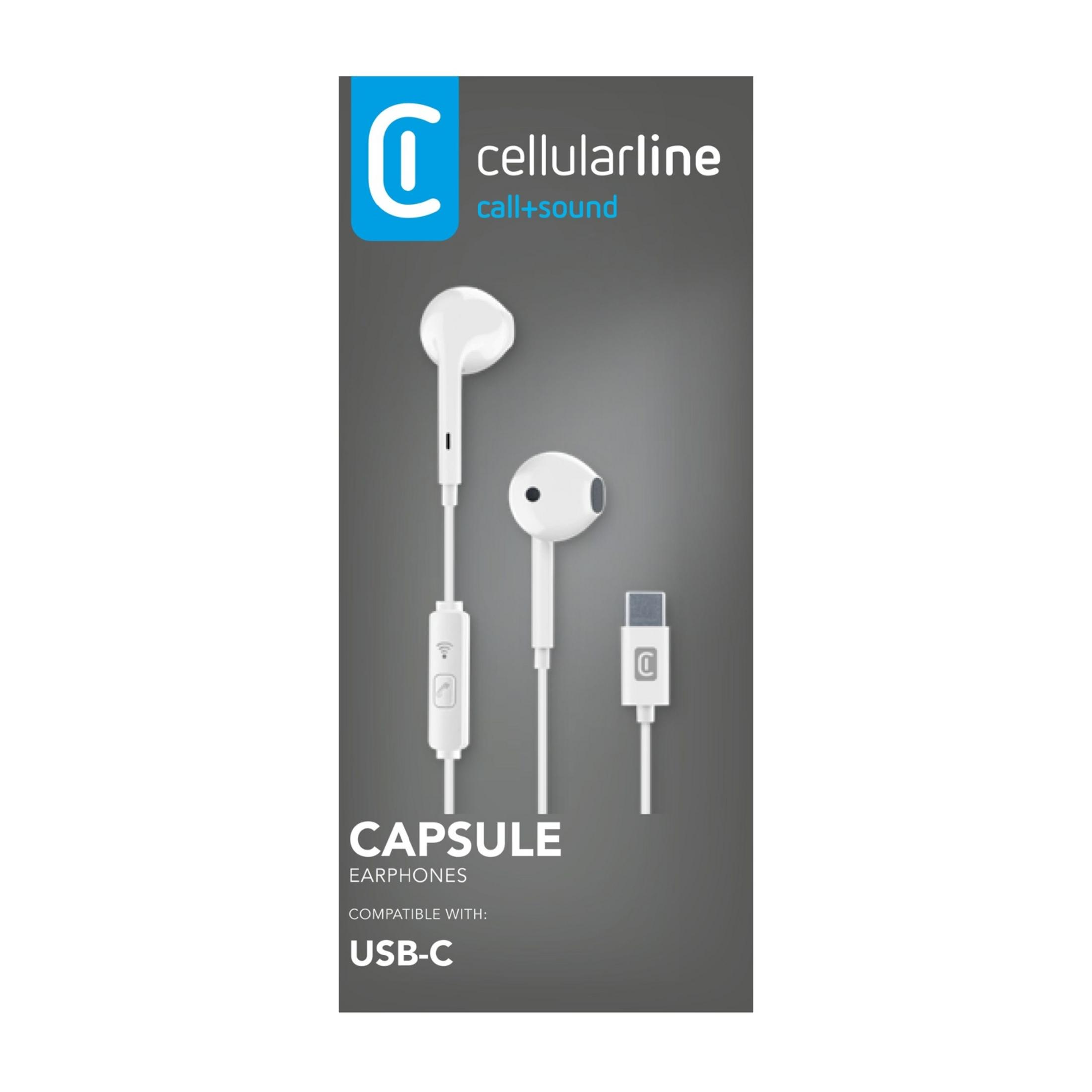 White USB-C earphones with logo and Cellularline brand logo.