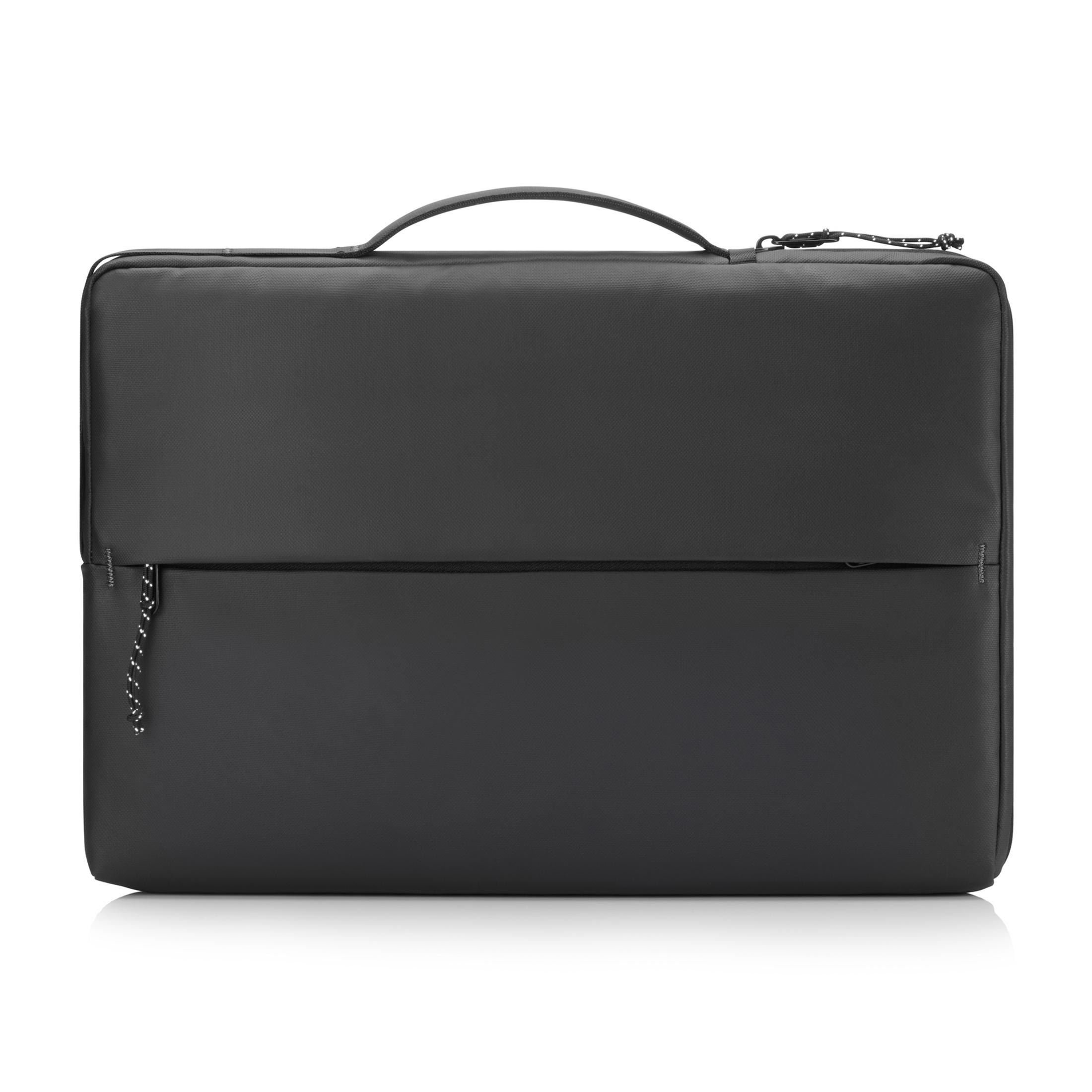 Borsa nera per laptop con manico e chiusura a zip.