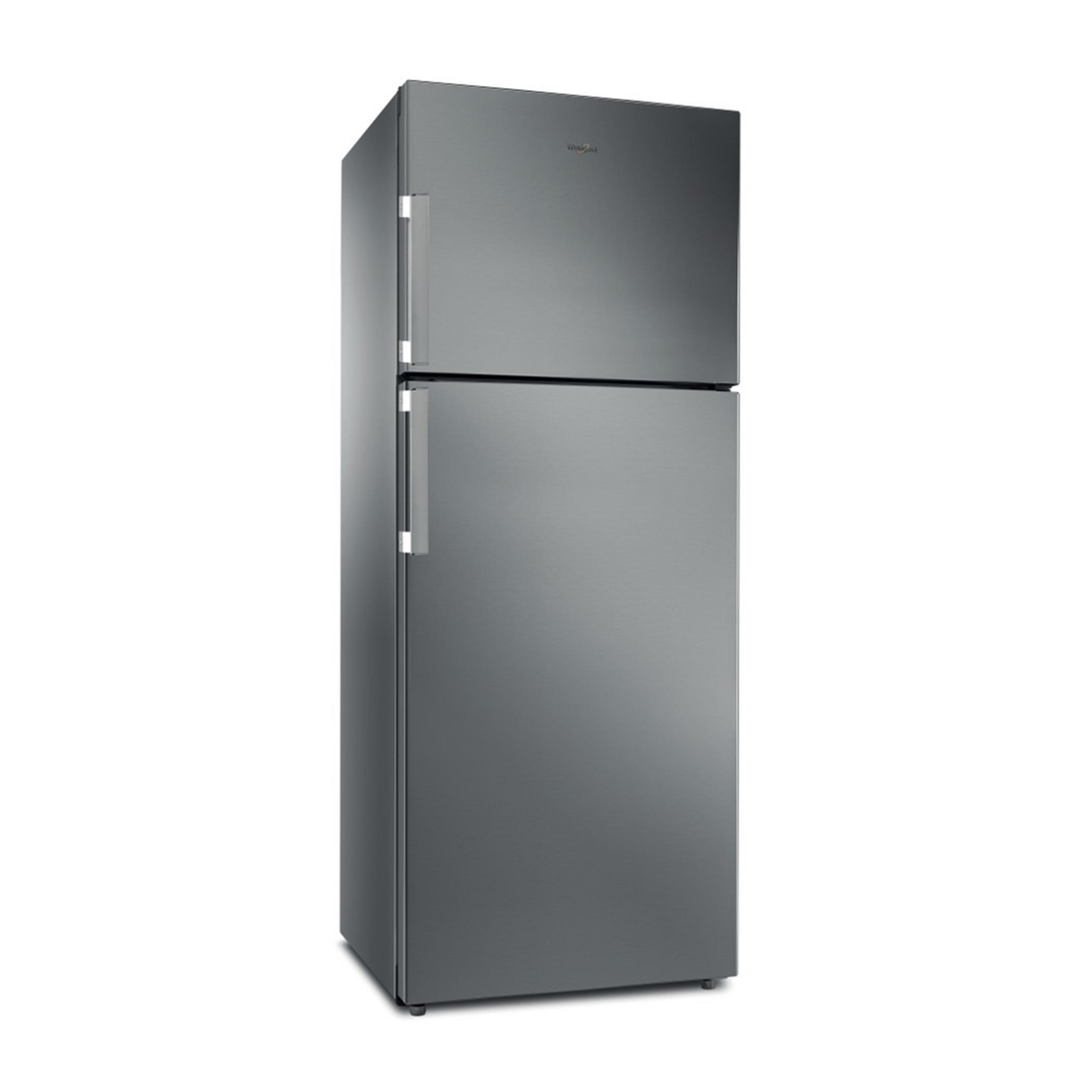 Un frigorifero moderno, grigio, a due porte con maniglie argentate.