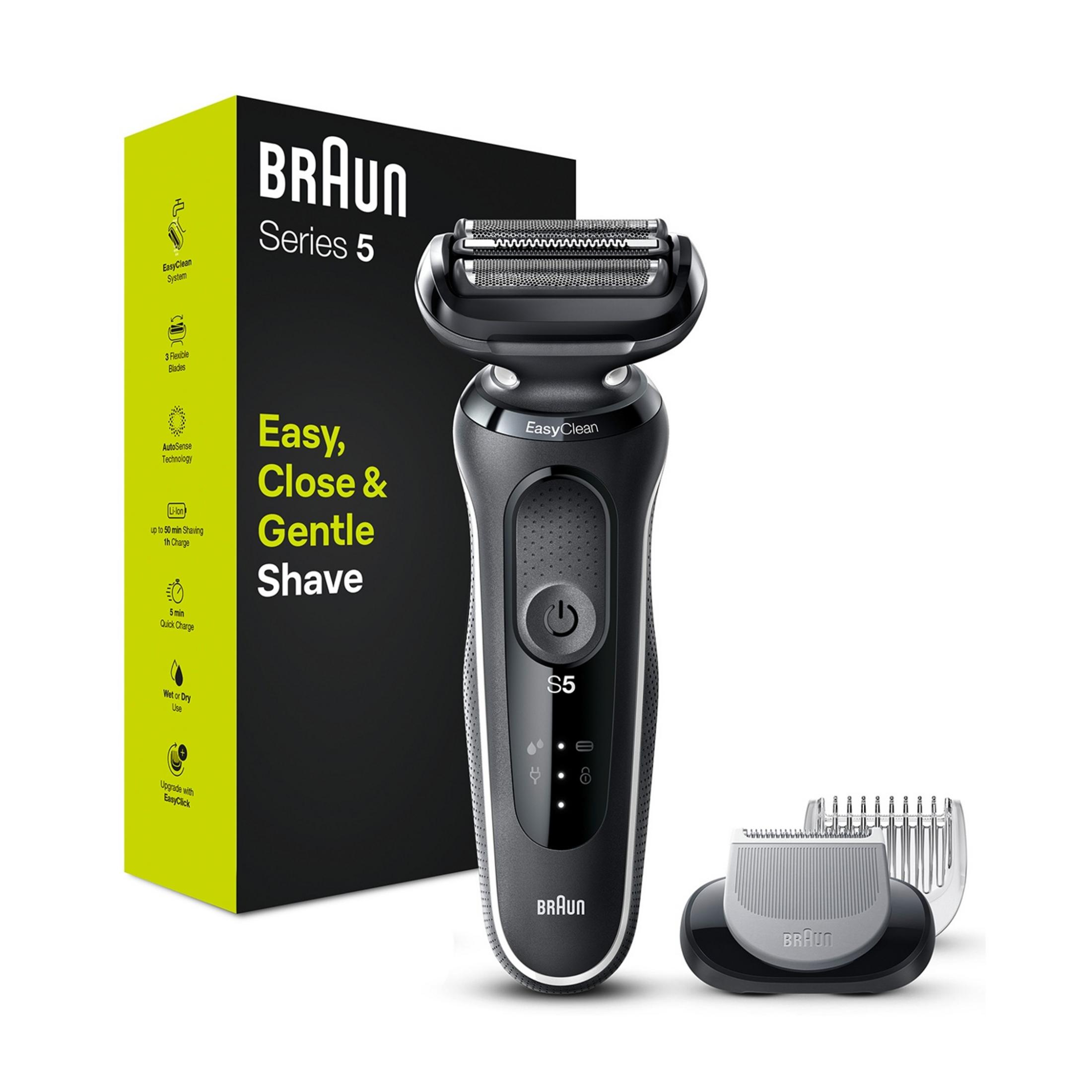 Un rasoir électrique Braun Series 5 noir avec accessoires et emballage.